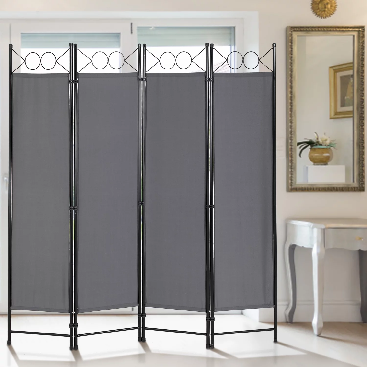 Dkelincs Room Dividers Folding Privacy Screen with 4 Panels Steel Frame Living Room Divider for Living Room,Office Use, Gray