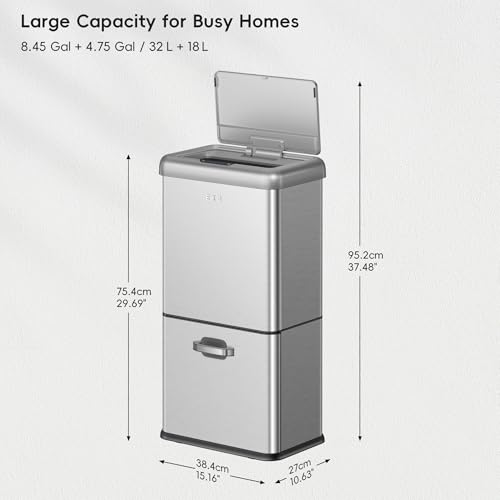 EKO Vintage 50L / 13.2 Gallon Motion Sensor Trash Can, Dual Compartment 32L + 18L Stainless Steel Kitchen Garbage Bin, Touchless Automatic Waste & Recycling Bin with Lid for Home or Office