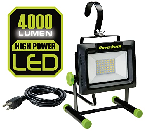 PowerSmith 2000 LM LED Work Light,Weatherproof Tiltable Portable with Large Adjustable Metal Hook, 360° Tilt, Metal Stand, Impact-Resistant Glass Lens, 5 Year Warranty (PWLS020H)