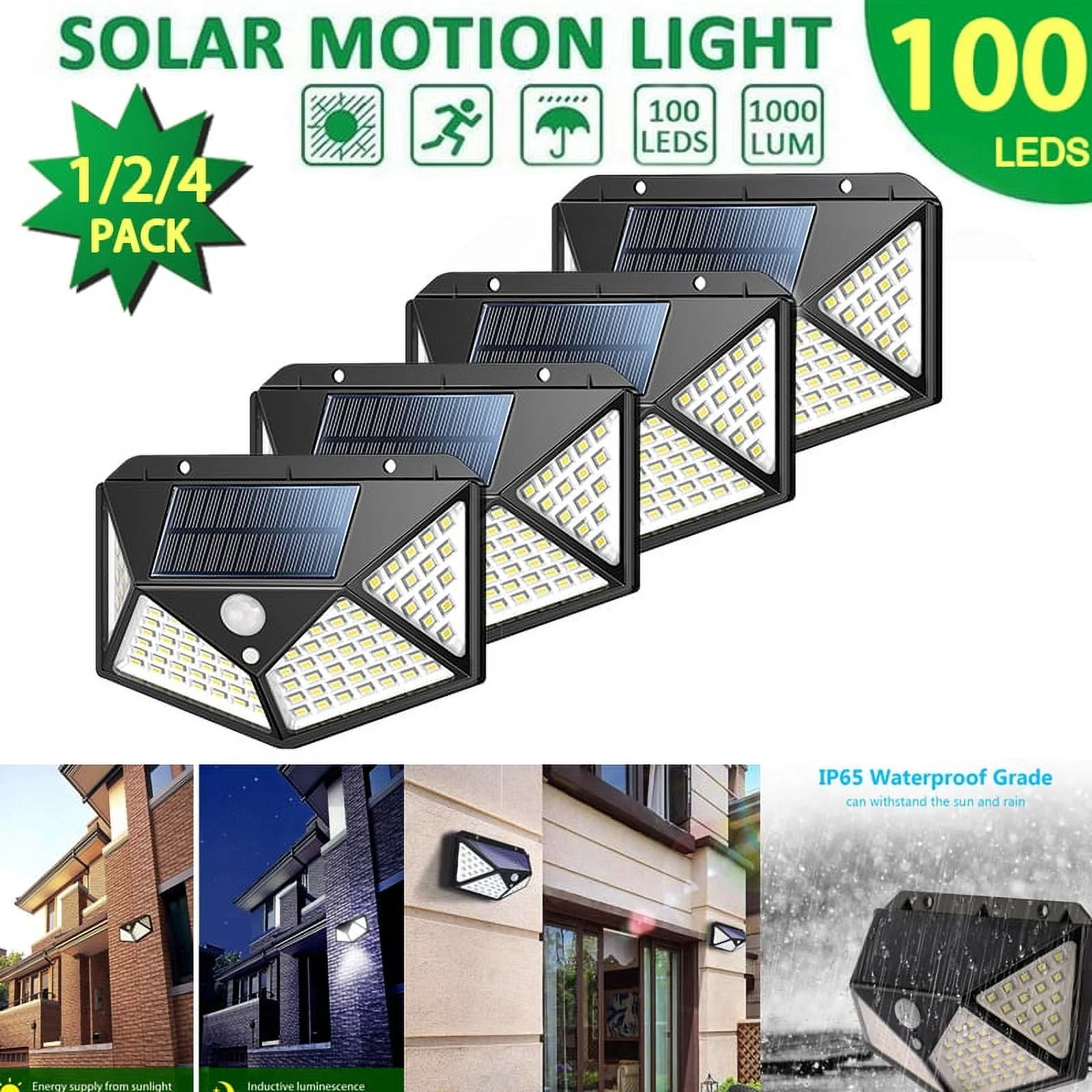 LITOM 100LED Solar Lights Outdoor, Super Bright Motion Sensor Light, 270° Wide Angle Wireless IP65 Waterproof Security Wall Lights, for Front Door Yard Porch, 4Pcs