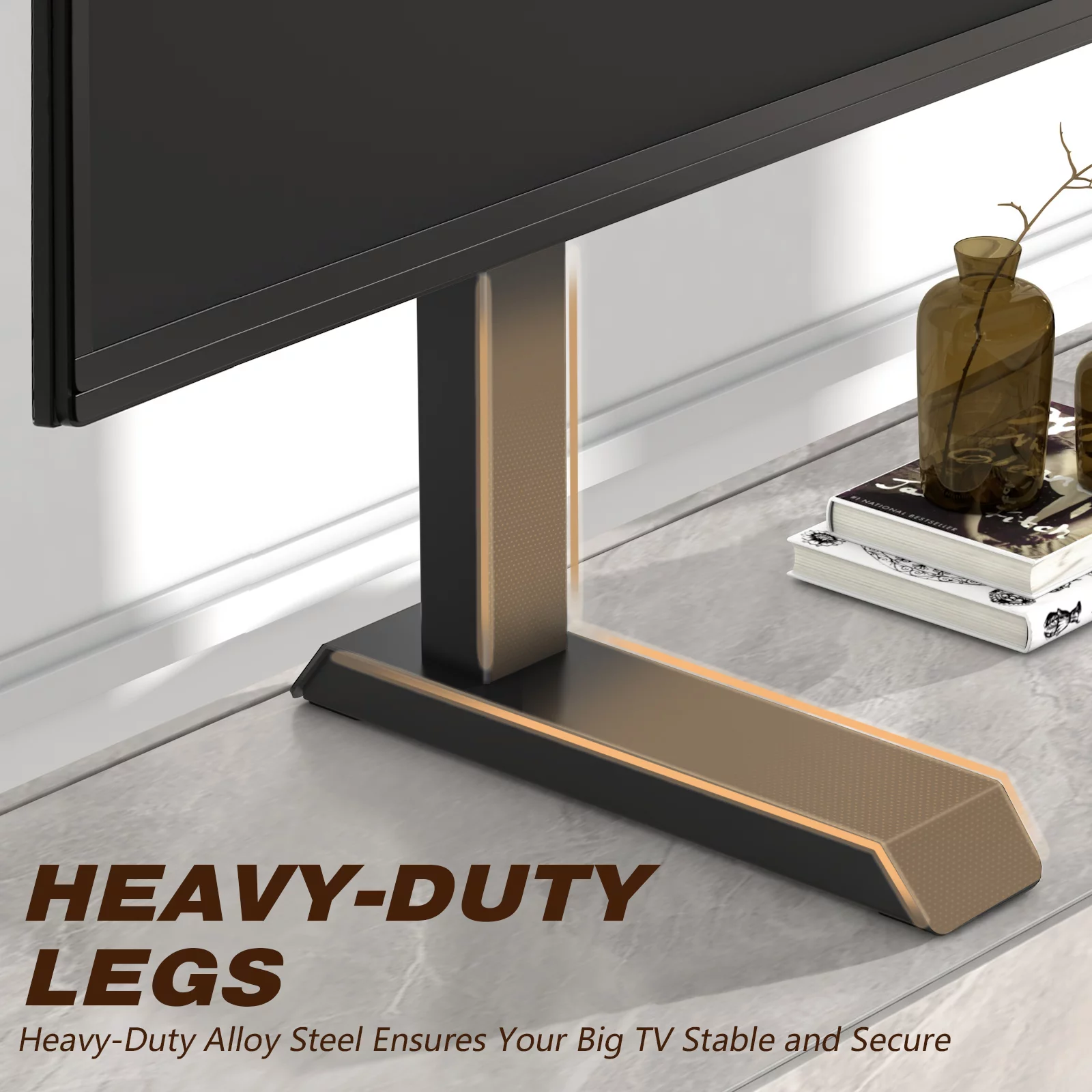 Modern Universal TV Stand with Table Top Mount for 55 to 90 inch Flat Panel TVs, Black Alloy Steel Leg