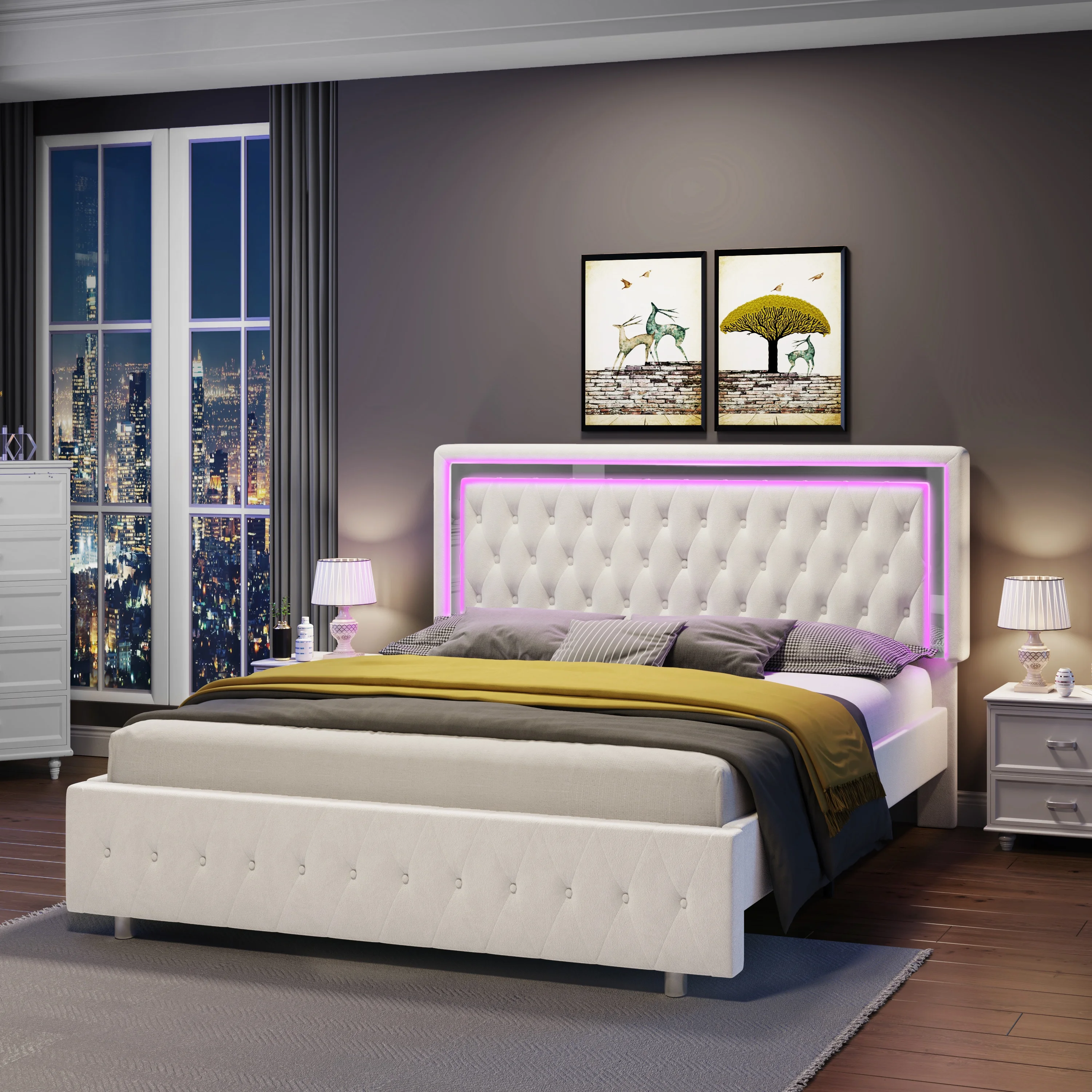 Jocisland LED Bed Frame Queen Size with Led Lights Adjustable Headboard Velvet Button Tufted/Acrylic Mirror Accents, No Box Spring Needed/Cream