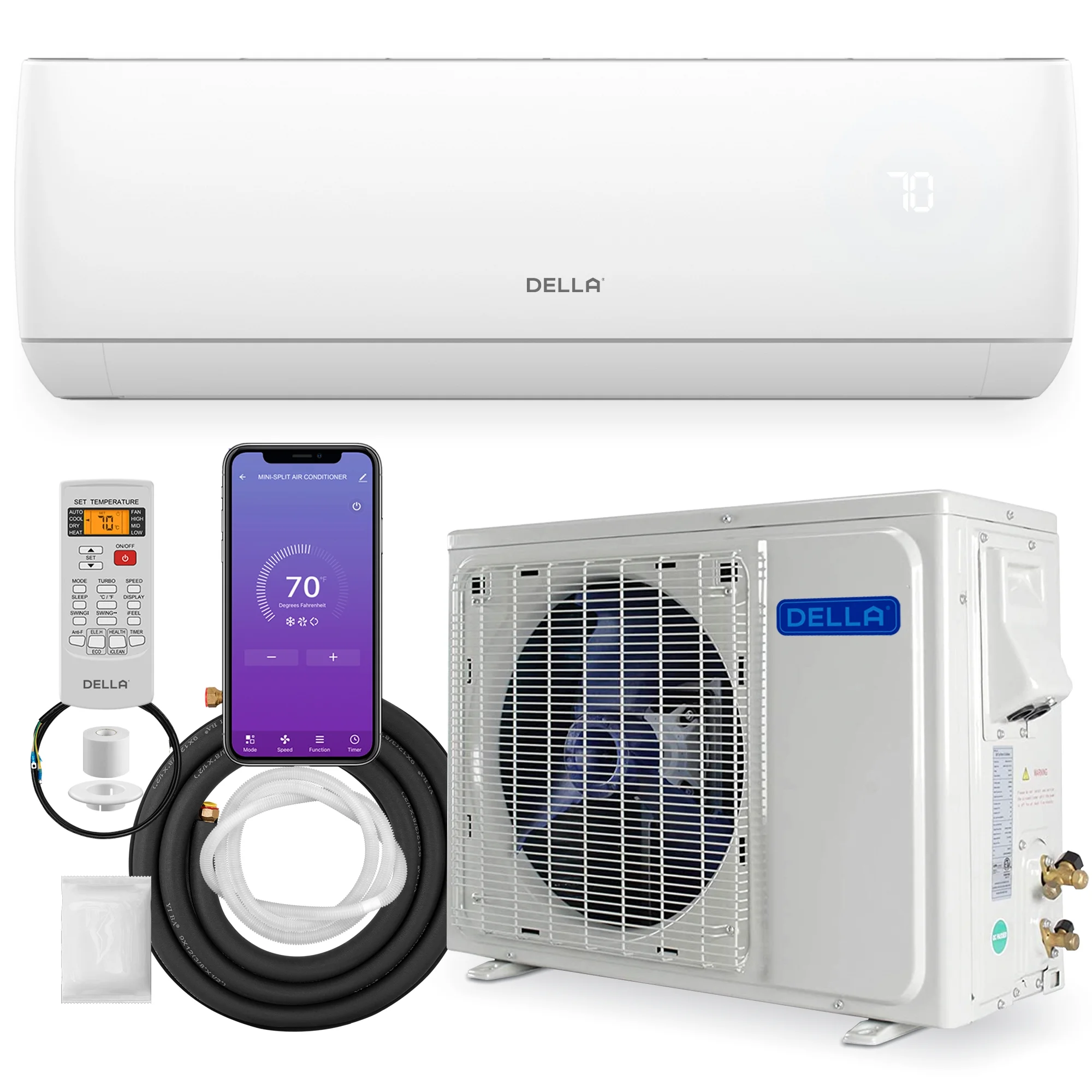 DELLA 9000 BTU Wifi Enabled Mini Split 17 SEER2 Cools Up to 450 Sq.Ft, 208V-230V, Works with Alexa, Air Conditioner & Heater with Pre-Charged Heat Pump (R32 Refrigerant) (JA Series)