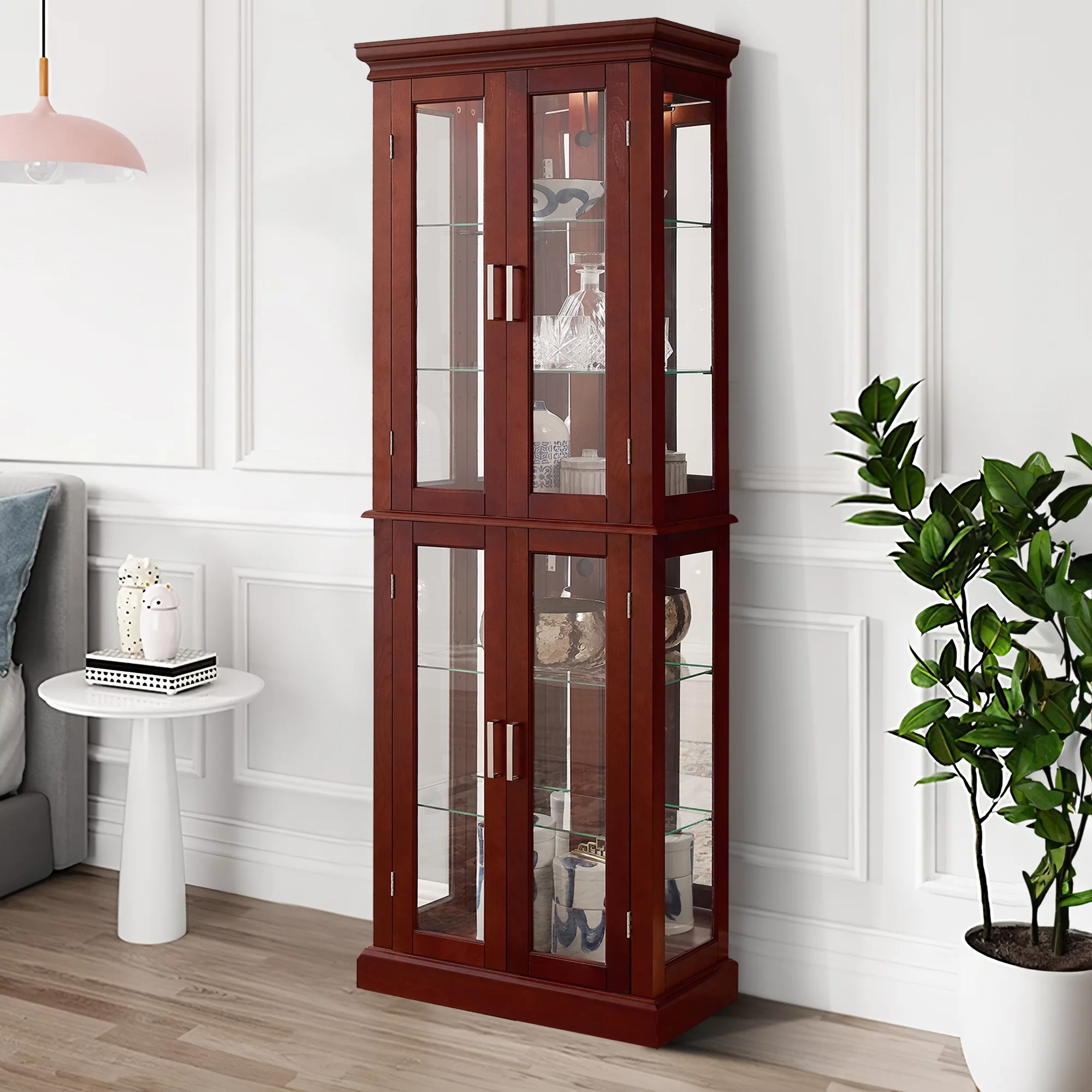 Ufurpie 6-Tier Lighted Curio Diapaly Cabinet with Adjustable Shelves and Tempered Glass Doors,Bar and Liquor Storage Area,Walnut