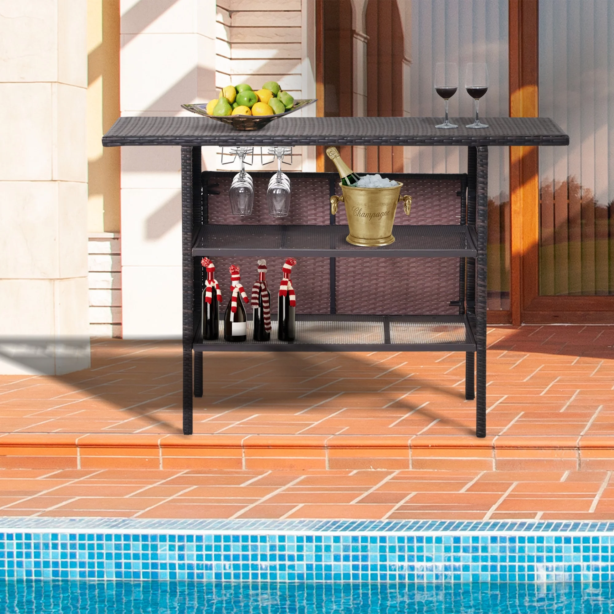 FHFO Outdoor Patio Wicker Bar, Rattan Counter Table with 2 Storage Shelves, 2 Steel Shelves for Backyard, Poolside, Garden