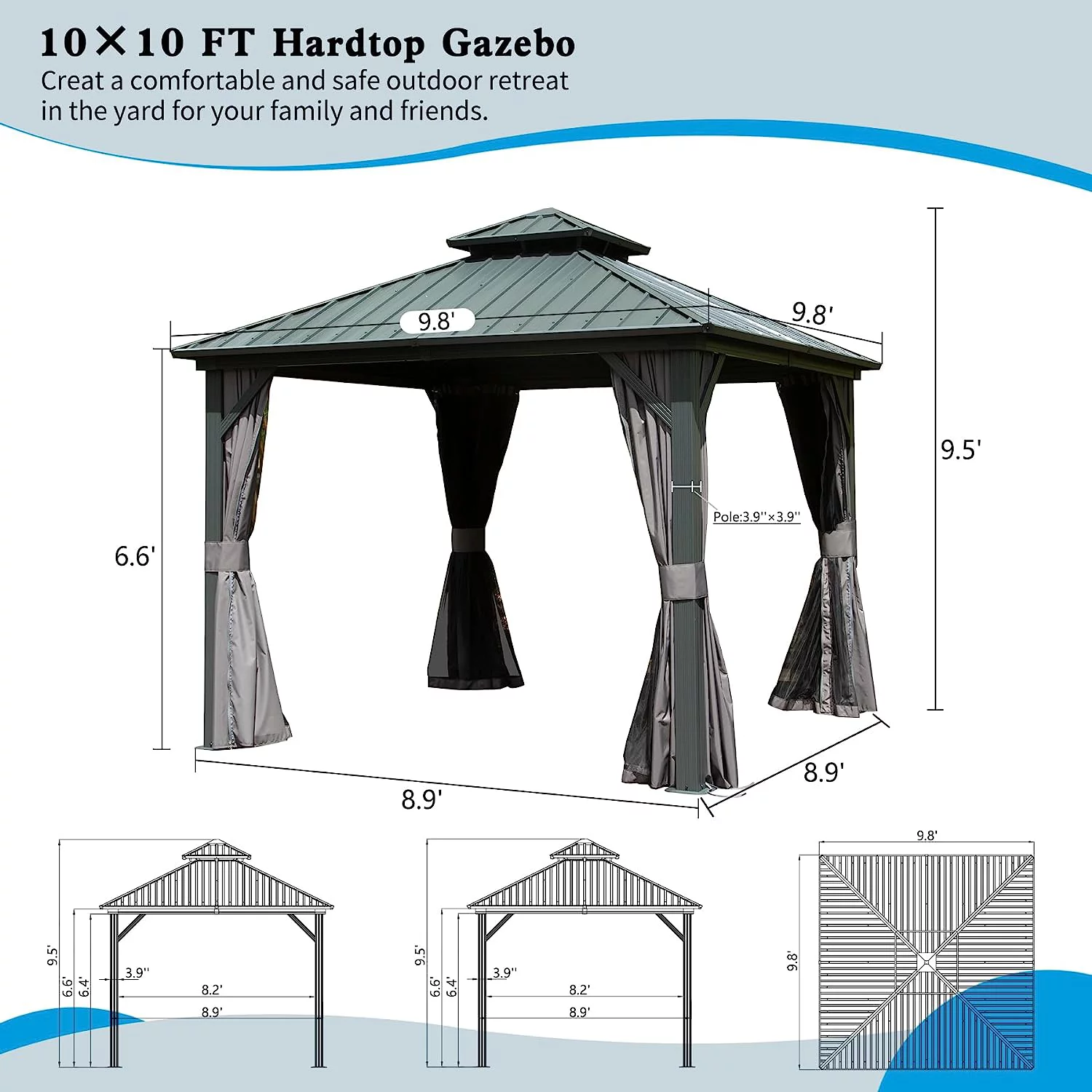 Domi Outdoor Living 10’ x 10’ Hardtop Gazebo Aluminum Frame Canopy with Netting & Curtains, Outdoor Permanent Metal Pavilion with Galvanized Steel Double Roof for Patio Lawn and Garden, Gray