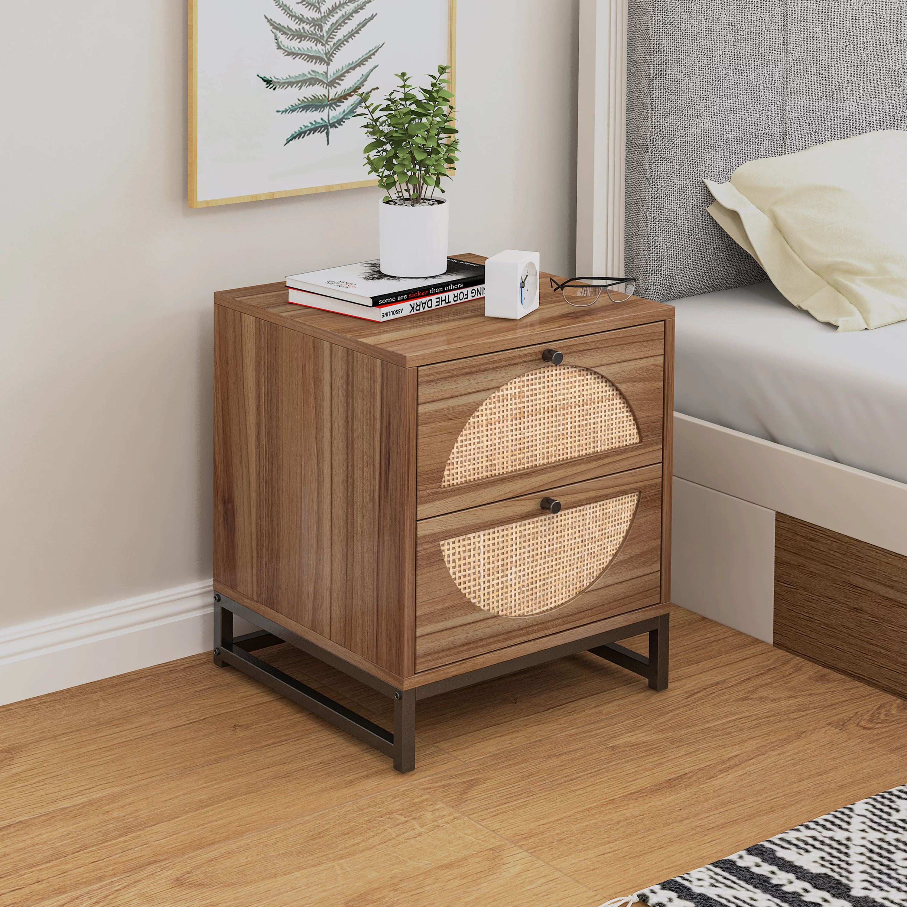 Bellemave Nightstand Side Table with 2 Hand Made Rattan Decorated Drawers, Display Rack with Metal Base for Bedroom, Living Room, Bedside End Table with Storage Drawers(Walnut)