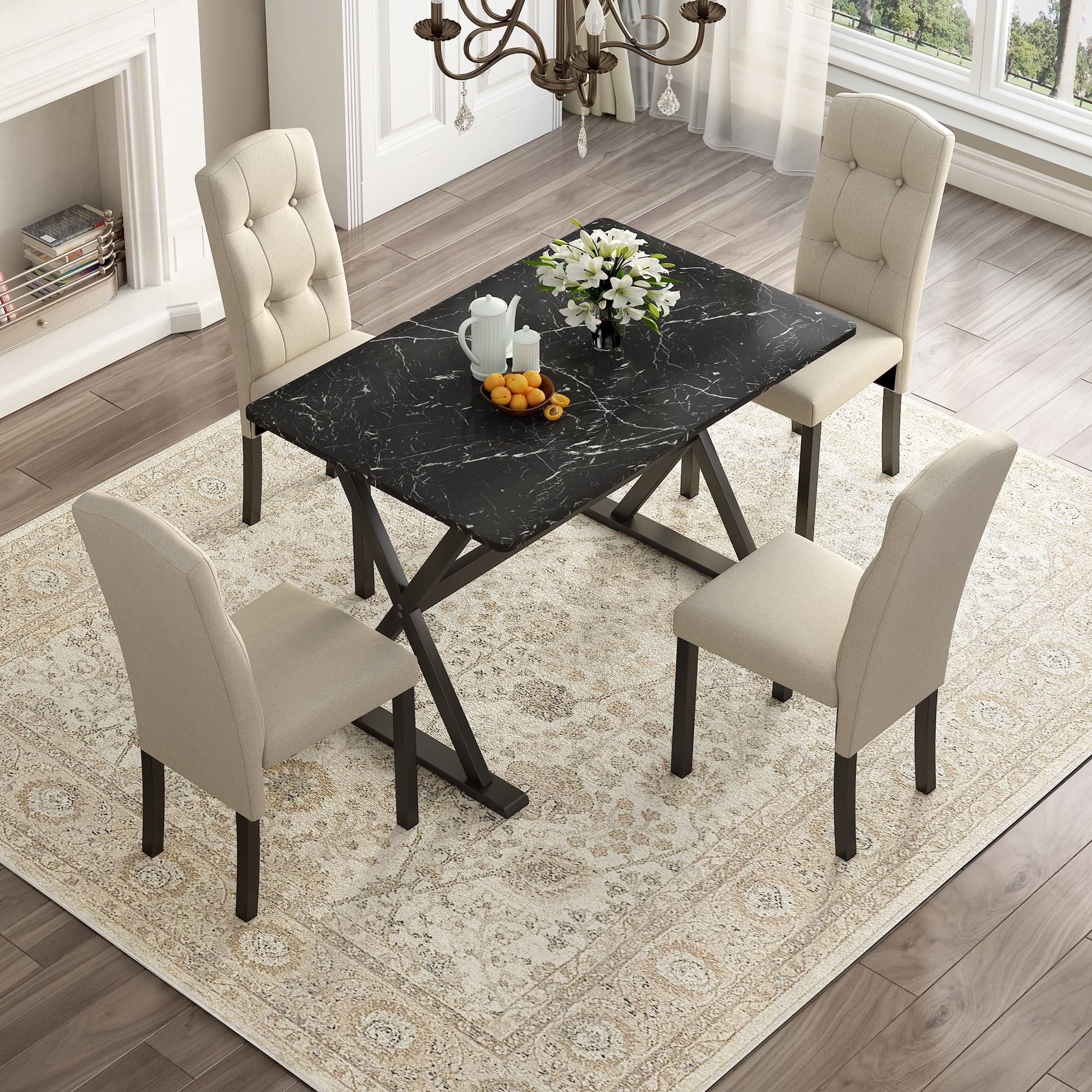 Dining Room Set for 4, KAMIDA 5 Piece Dining Set with Faux Marble Tabletop and 4 Upholstered Chairs, Wood Farmhouse Dining Room Set, 5 Piece Dining Table Set Furniture for Kitchen Dining Room, Black