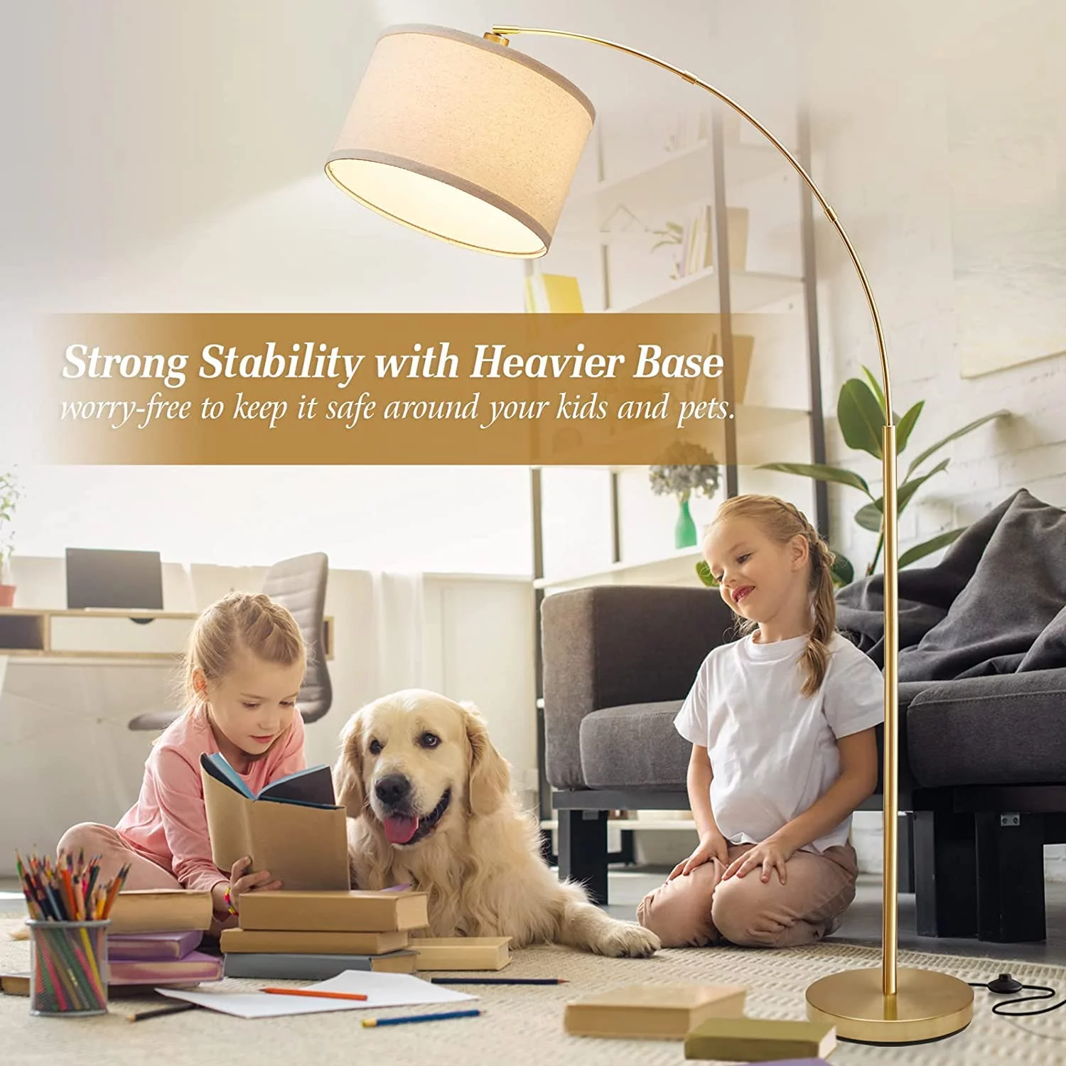 Arc Floor Lamps for Living Room, Gold Modern Floor Lamp, Tall Pole Lamp with Foot Switch, Adjustable Hanging Drum Shade, over Couch Arched Reading Light for Bedroom, Office, LED Bulb Not Include