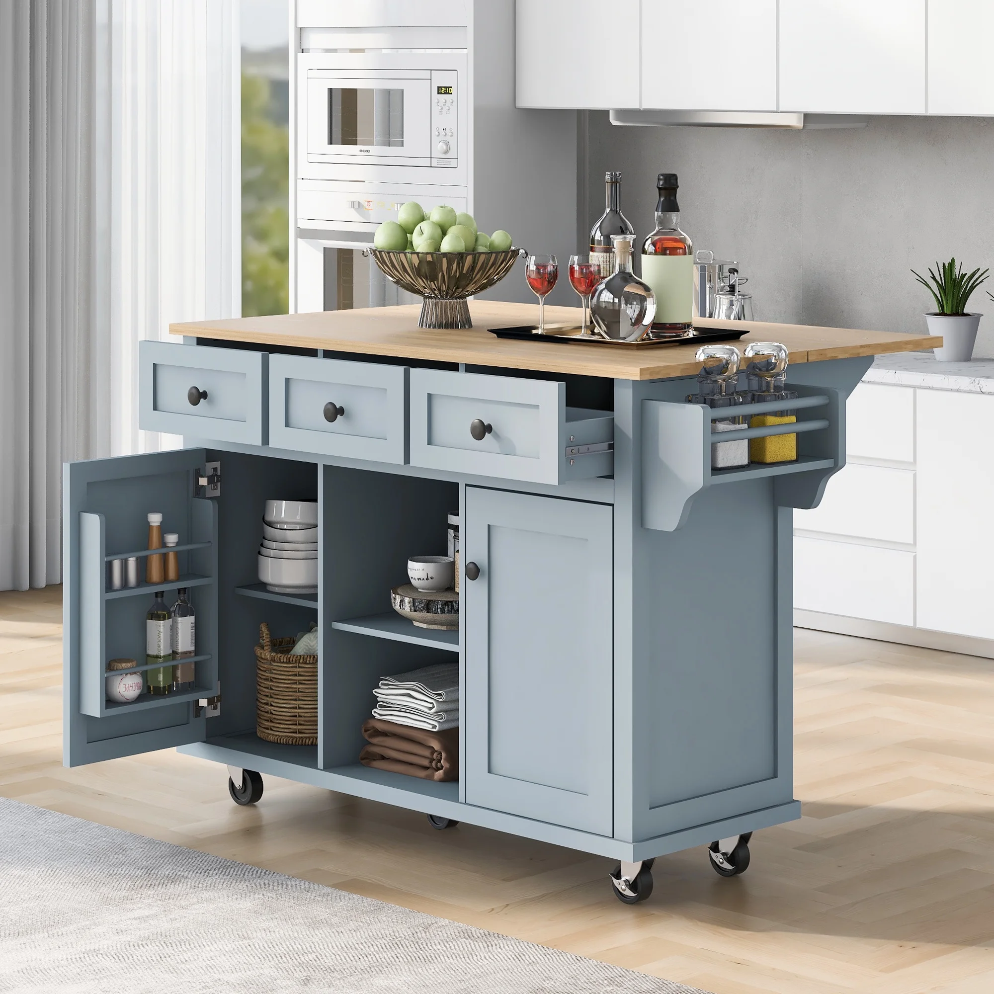 Momspeace Kitchen Island Cart with wheels and Rubber wood Drop-Leaf Countertop,Cabinet door internal storage racks,Kitchen Island on 5 Wheels with Storage Cabinet & 3 Drawers for Dinning Room-Blue