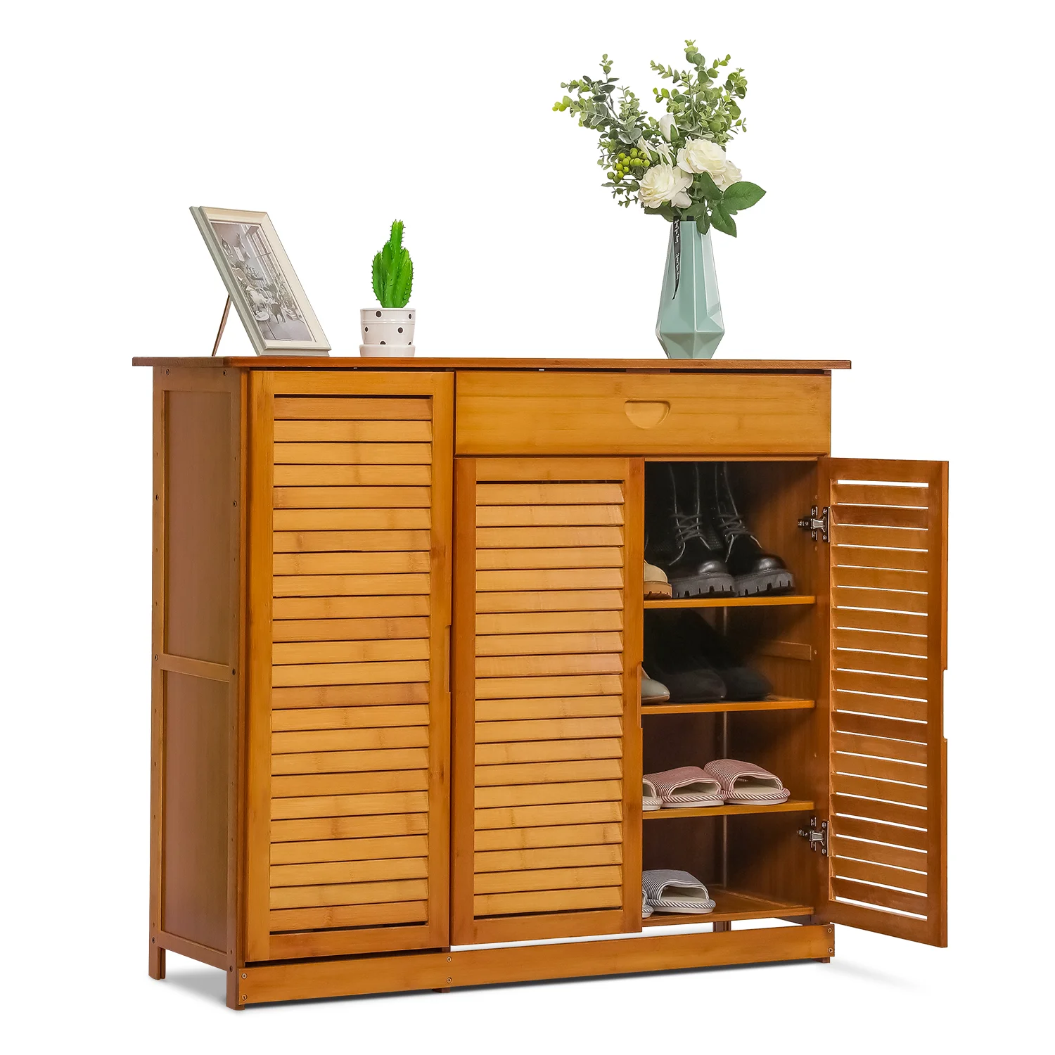 Magshion Bamboo 4 Tiers 1 Drawer 18 Pairs Shoes Rack, Storage Cabinet, Brown, for Entryway