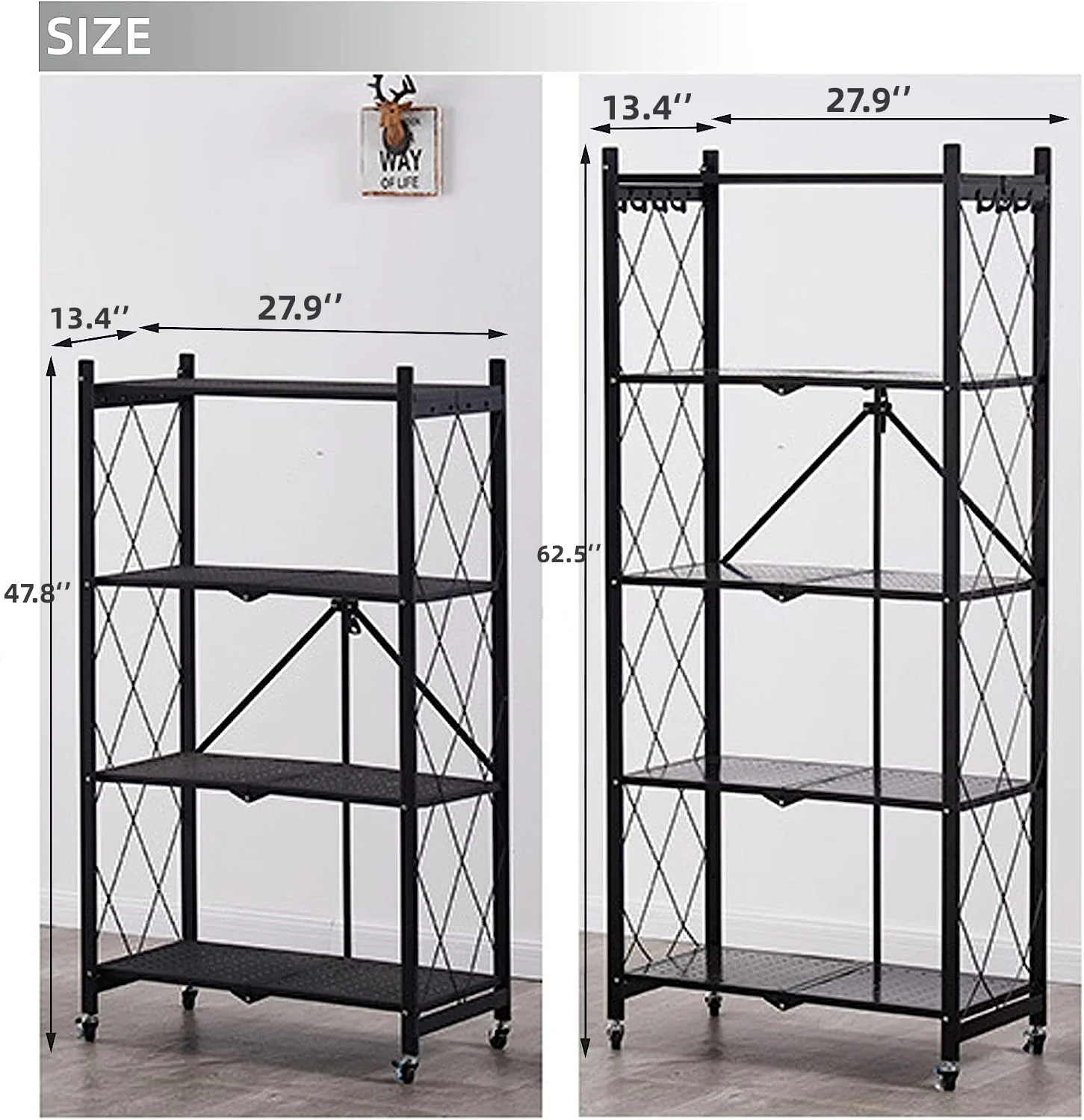 5 Tier Storage Shelves with Wheels 27.9''x 13.4'' x 62.5'' Collapsible Kitchen Rolling Cart, Metal Garage Shelving, Foldable Shelf with Wheels,Storage Rack on Wheel, Foldable Shelf Unit