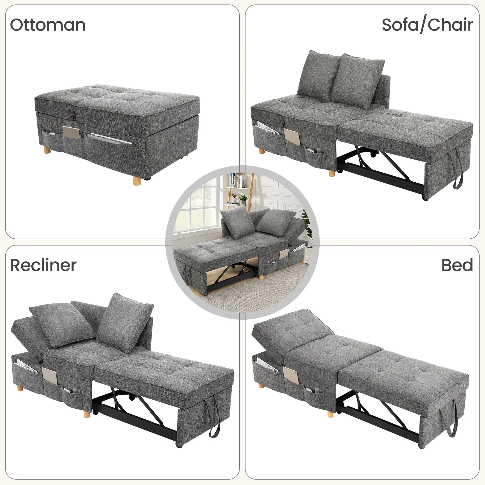SEJOV Linen Sofa Beds Chair, 4 in 1 Convertible Chair Sleeper Bed with 5 Adjustable Backrest and 2 Pillows, Dark Gray