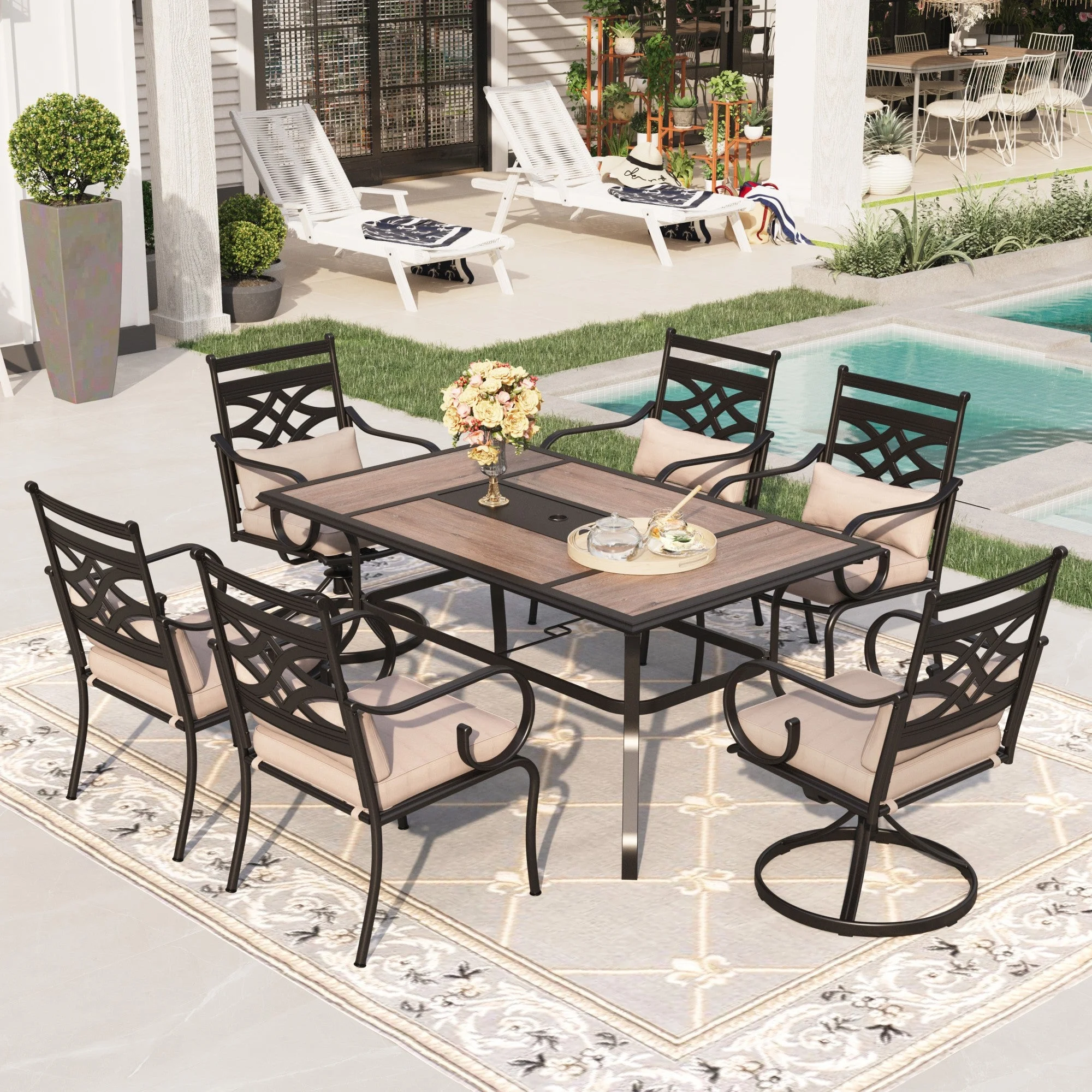 Sophia & William 7-Piece Outdoor Patio Dining Set Cushioned Chairs and Steel Teak Wood Table