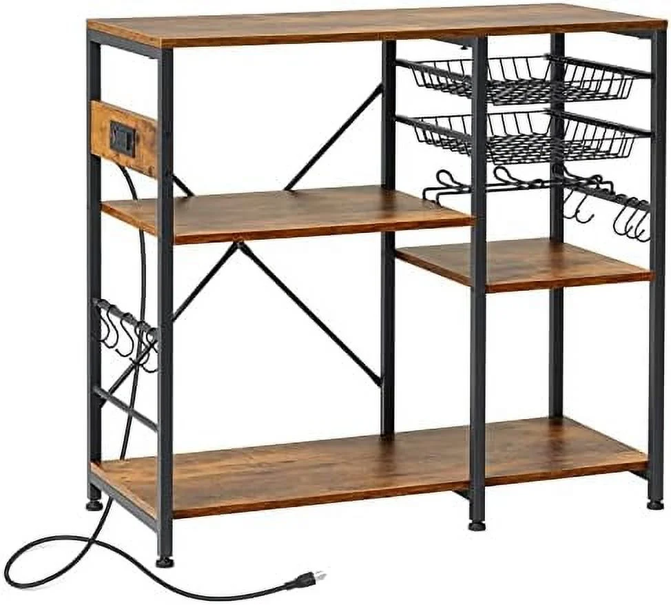 KHBIULIFE Kitchen Bakers Rack with   Bakers Rack Coffee  Table Microwave Oven Stand with Wire Basket 7 Hooks Metal Frame Wood Organizer  Rustic Brown