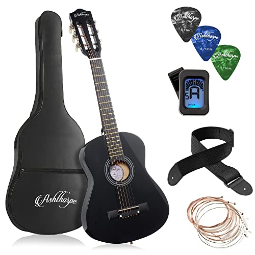 Ashthorpe 38-inch Beginner Acoustic Guitar Package (Black), Basic Starter Kit w/Gig Bag, Strings, Strap, Tuner, Pitch Pipe, Picks