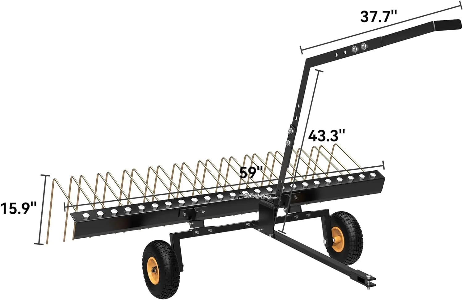 Tropow 60in Pine Straw Tow Behind Steel Landscape Rake w/Wheels & Handle