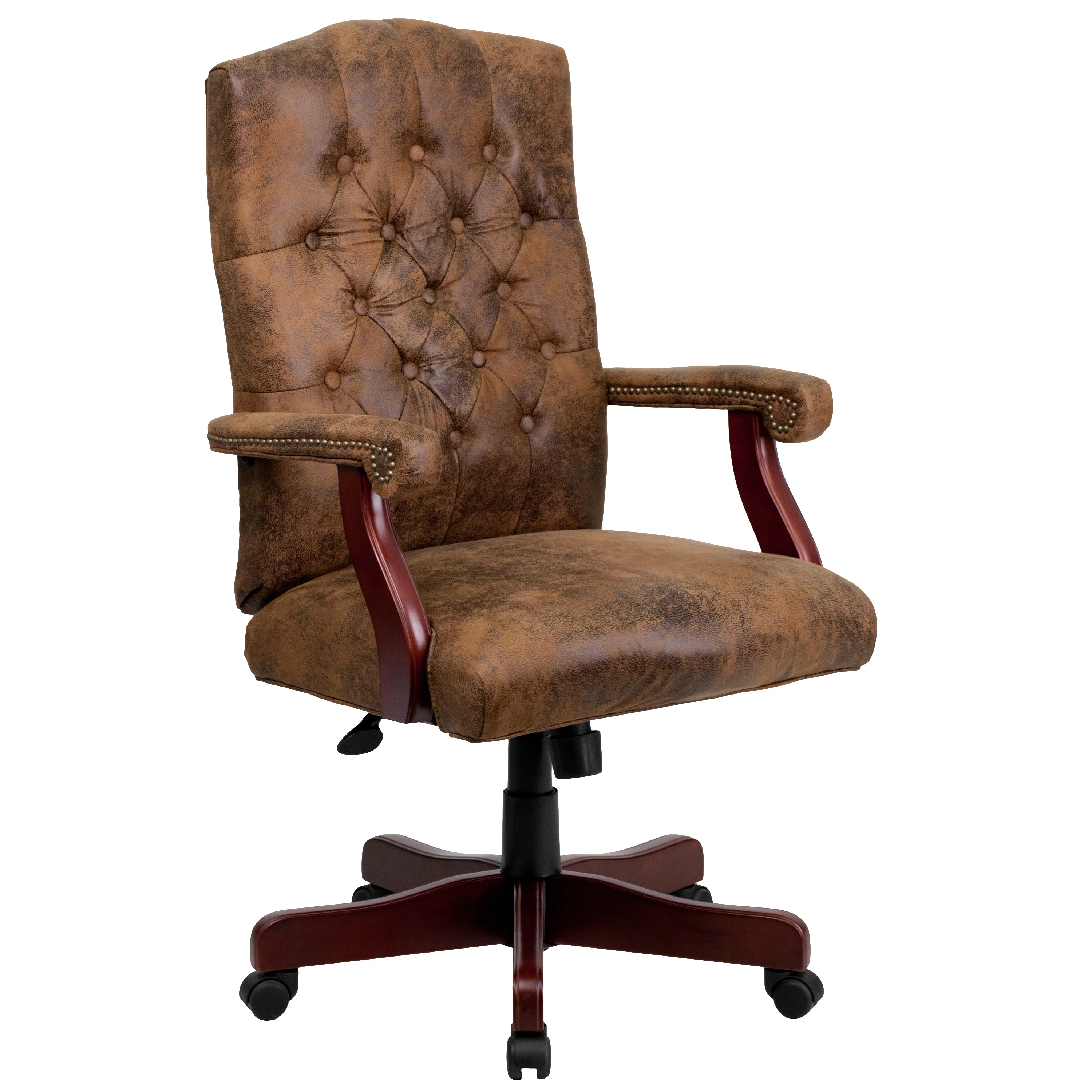 Merrick Lane Bomber Brown Ultra-Suede Victorian Style 360° Swivel High-Back Office Chair With Padded Scrolled Arms and Wood Capped Metal Base