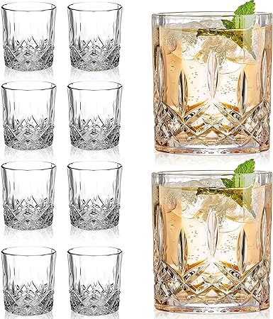 Crystal Whiskey Glasses Set of 8(Buy 6, get 2 Free), 11 OZ Old Fashioned Whiskey Glasses, Bourbon Cocktail Rocks Glasses, Clear Bar Glasses for Drinking Scotch Vodka Tequila Rum Gift for Men