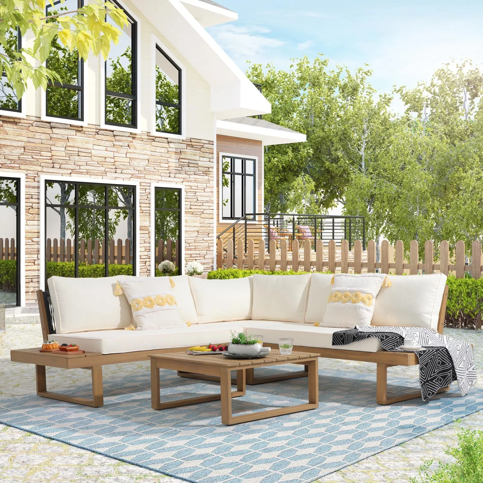 OC Orange-Casual Outdoor 4-Piece Acacia Wood Furniture Set, All-Weather Patio Sectional Sofa Set, Rope Lounge Couch with Wood Table, Cream White Cushion