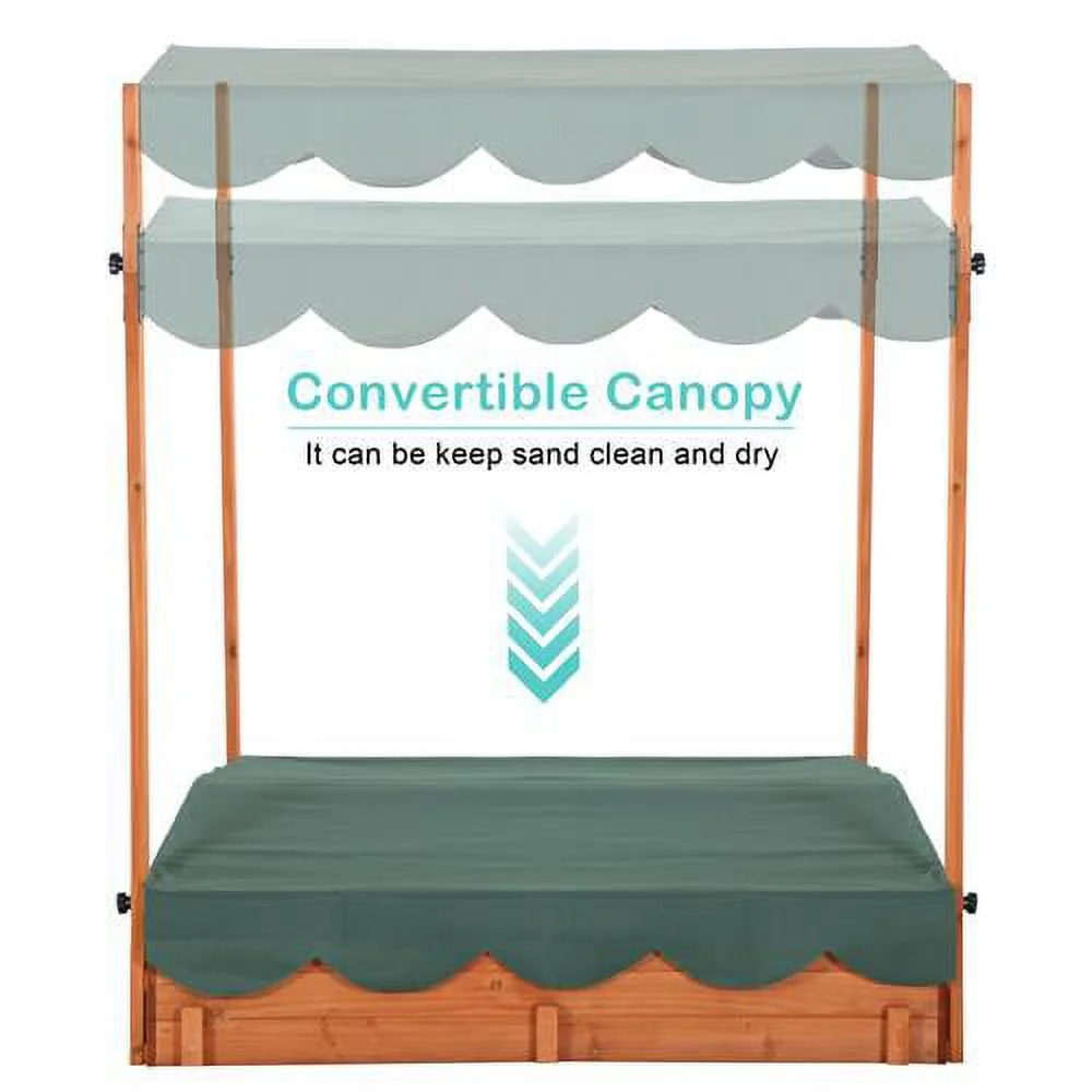 JOYMOR Kids Wooden Sandbox with Canopy Cover Outdoor Sandbox with Built in Bench Seat 47x47 inch Cedar Sandbox Play Station with Liner for Backyard, Home and Lawn UV-Resistant