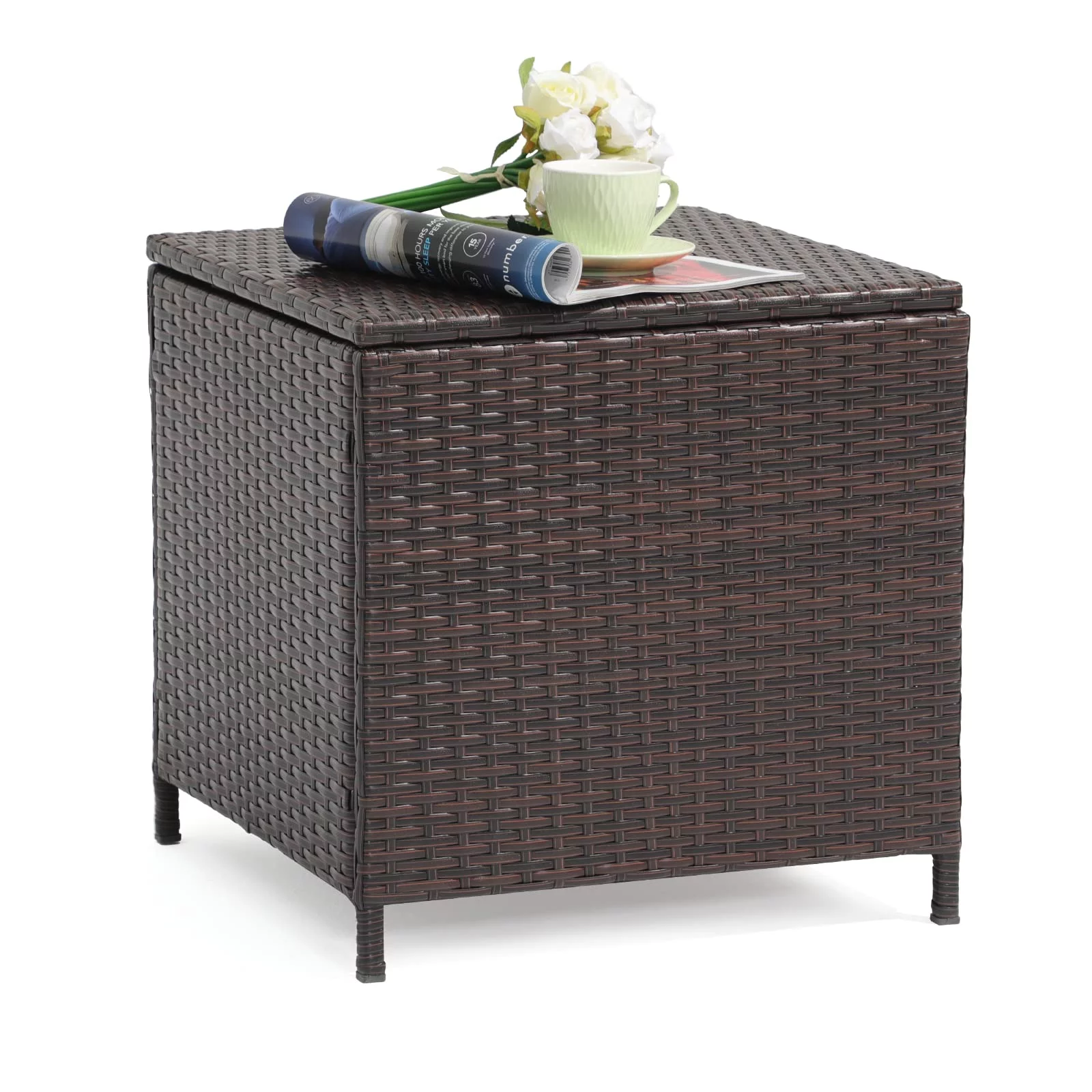 Outdoor Wicker Side Table, All-weather Rattan Small Storage Box End Table, Square Resin Coffee Table with Iron Frame for Garden Porch Deck Living Room Backyard, Brown