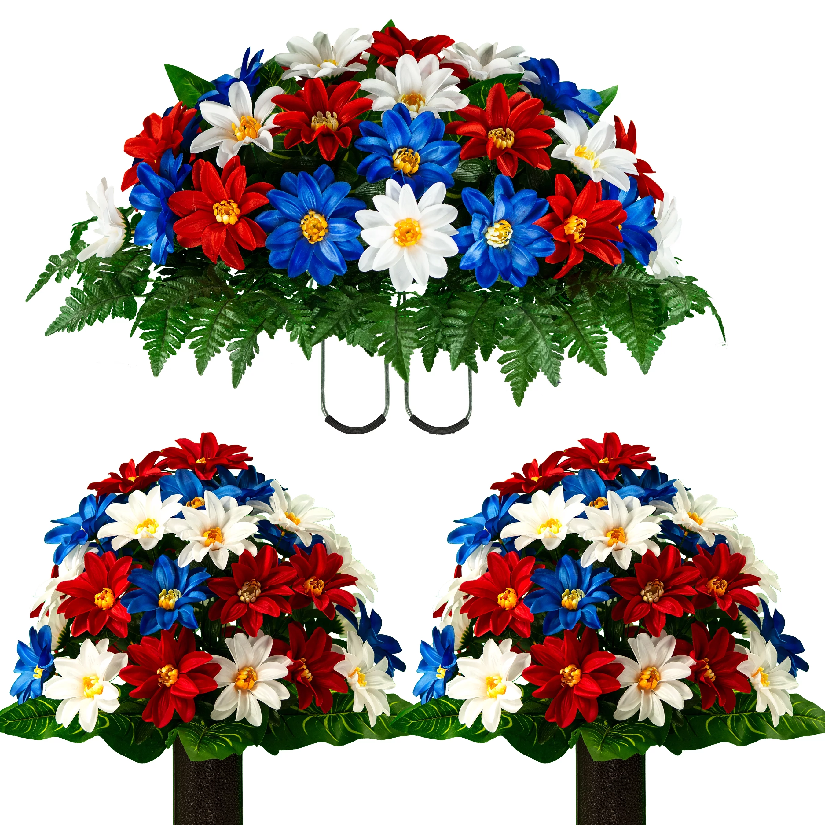 Sympathy Silks Artificial Cemetery Flowers 2 Red/White/Blue Dahlia bouquets & cemetery saddle