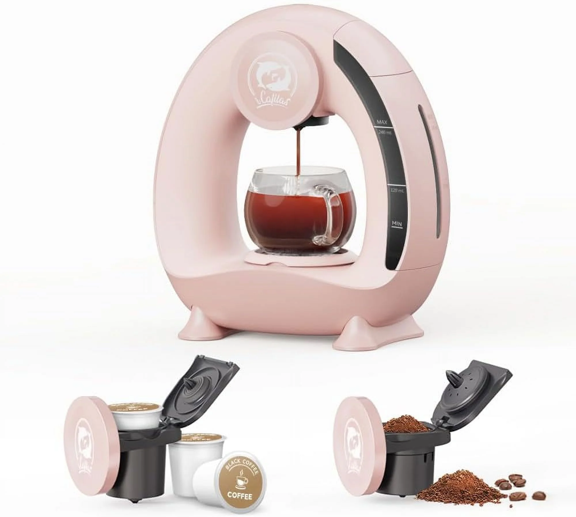 i Cafilas Single Serve Coffee Maker For KCup/Ground Coffee, MINI Q Americano 2 in 1 Coffee Machine Mini One Cup Coffee Brewer/Tea Maker With Coffee Filter/KCUP-Adapter, 4-8oz Brew Sizes, Pink