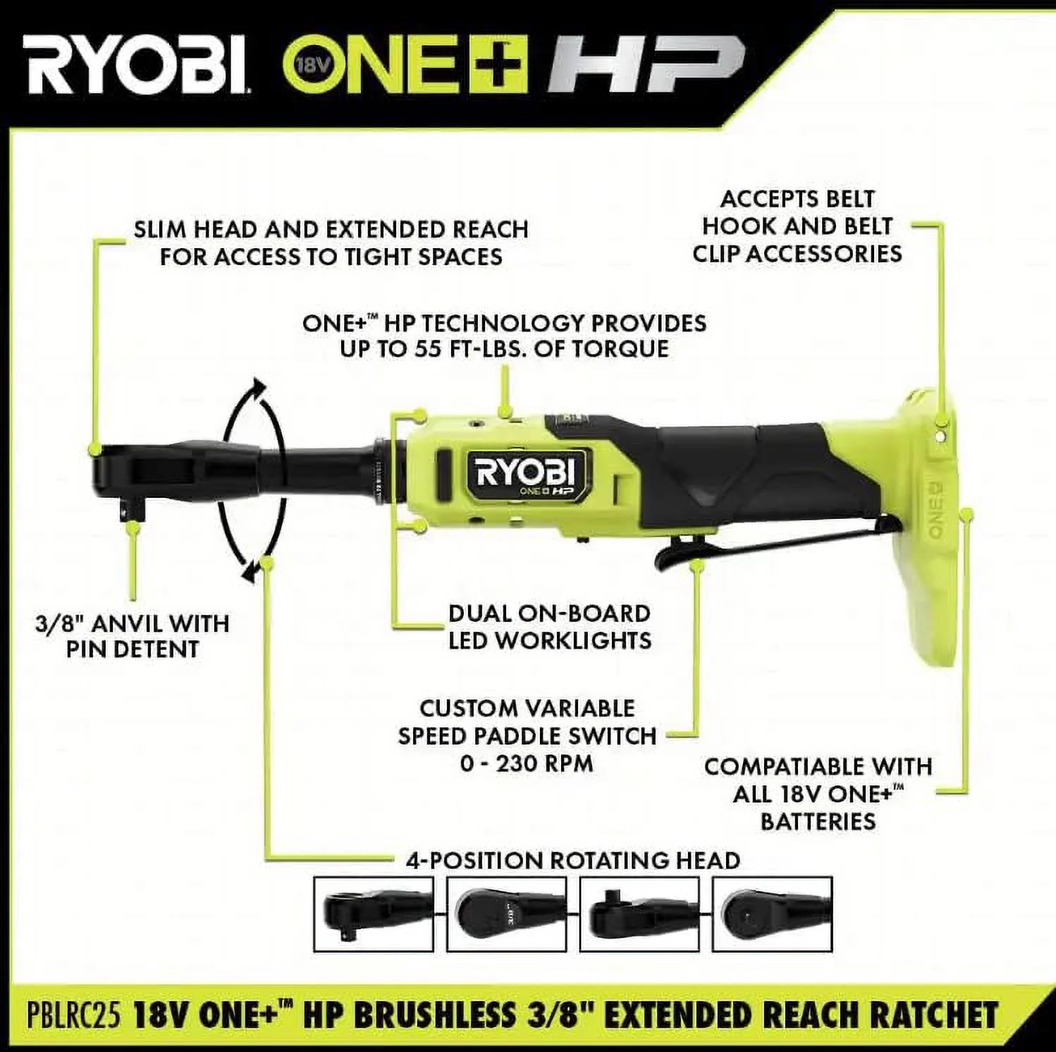 RYOBI - ONE+ HP 18V Brushless Cordless 3/8 in. Extended Reach Ratchet (Tool Only) - PBLRC25B