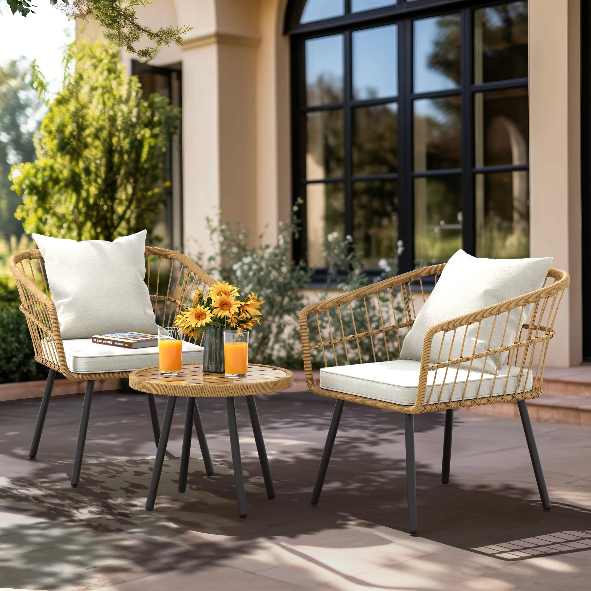 Dextrus 3 Piece Outdoor Wicker Furniture Patio Bistro Set, PE Rattan Wicker Chairs Set with Table and Cushions, Porch Balcony Furniture Set for Porch Backyard Pool, Beige