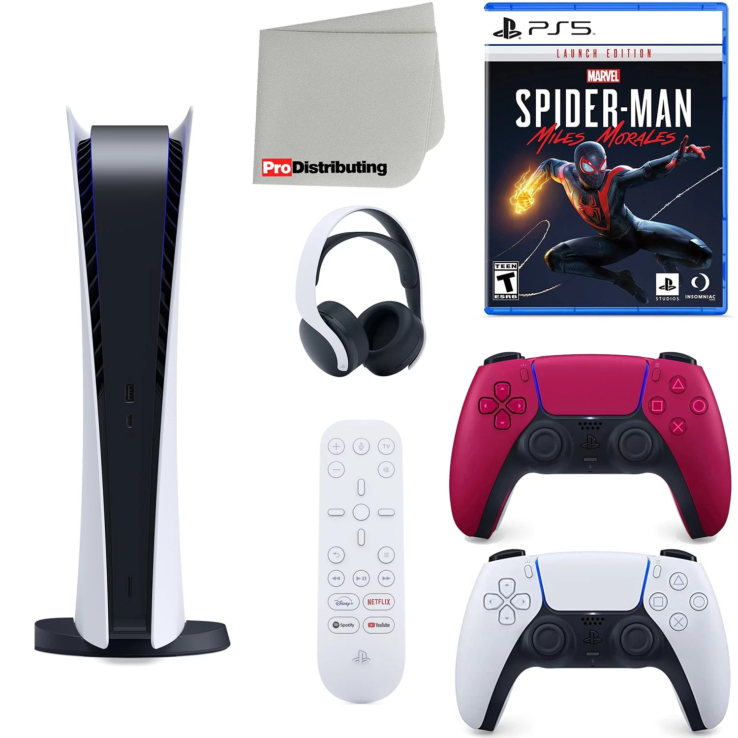 Sony Playstation 5 Digital Version (Sony PS5 Digital) with Cosmic Red Extra Controller, Headset, Media Remote, Marvel’s Spider-Man: Miles Morales Launch Edition and Microfiber Cleaning Cloth Bundle