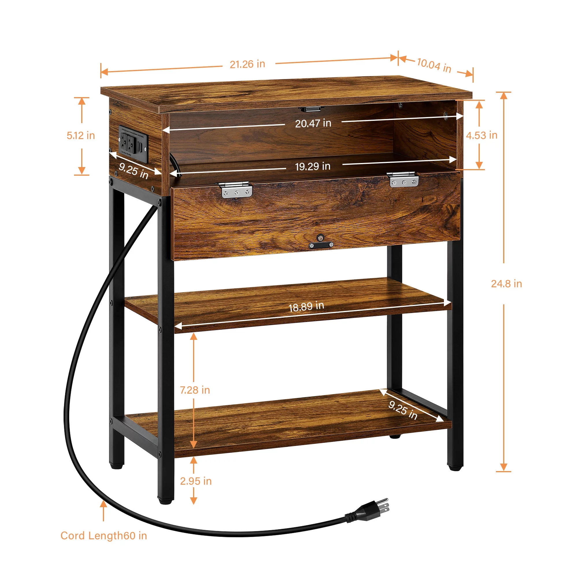 Narrow End Table with Charging Station Sofa Side Table with Storage Shelf, Power Outlets & USB Ports Small Nightstand Table for Small Space Livingroom Bedroom with Pull-Down Drawer, Brown