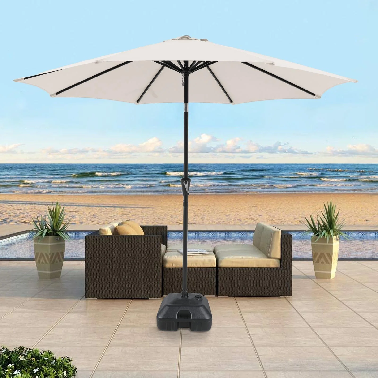 Patio Umbrella, 9-Feet Outdoor Table Market Umbrella with 8 Ribs and Push Button Tilt and Crank, for Garden Beach Deck， Cream Wihte