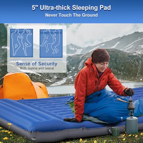 Double Sleeping Pad Camping, Self Inflating 6'' Extra-Thick 2 Person Pillow Built-in Foot Pump Waterproof Inflatable Sleeping Mat Backpacking, Tent, Hiking, Portable Camping Pad (Navy Grey)