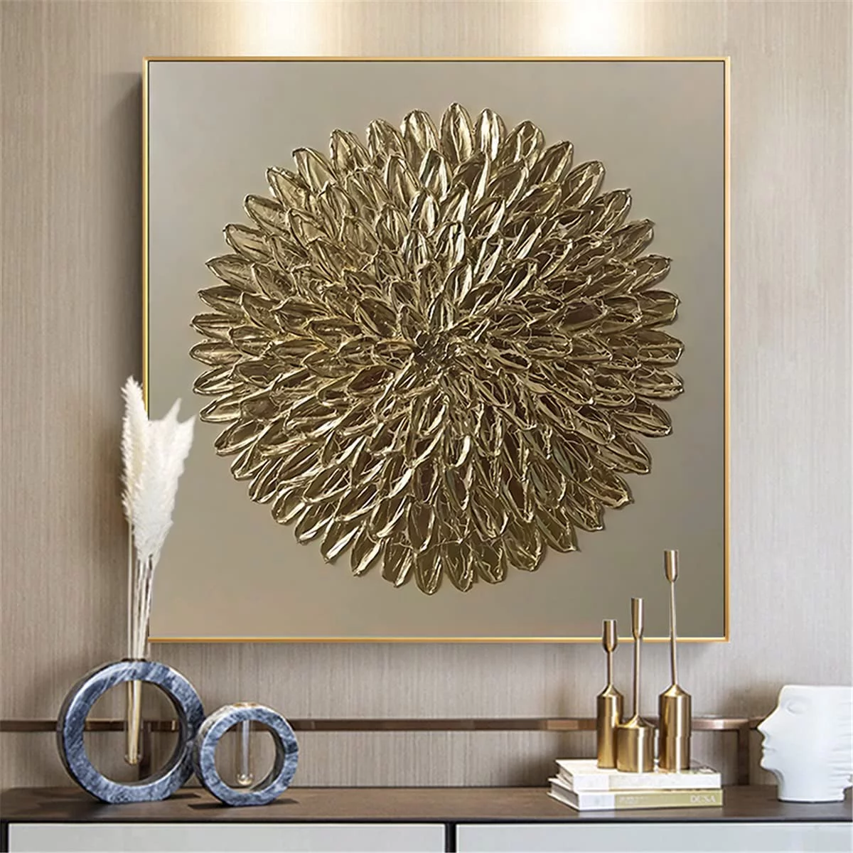 Abstract Wall Art Retro Minimalist Gold Luxury Canvas Painting for Living Room Office Decor with Aluminum Alloy Gold Frame Ready to Hang