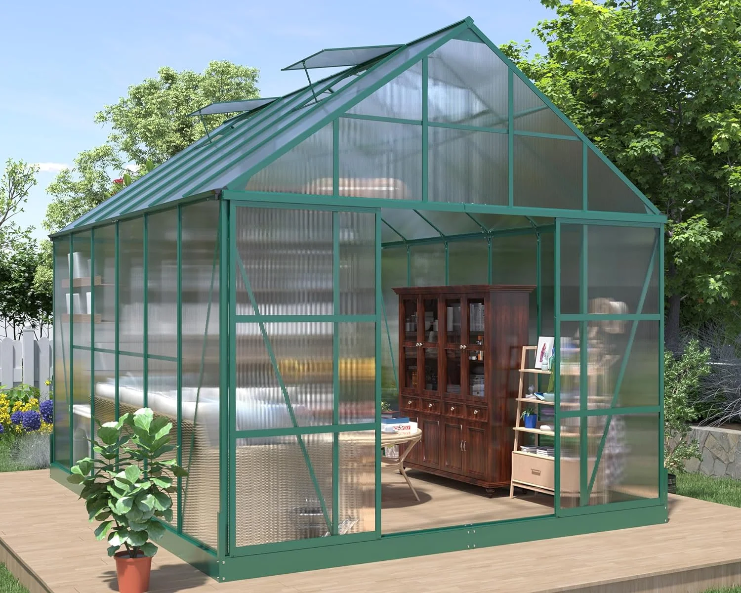 Papajet 12x10x10 ft Polycarbonate Greenhouse with 2 Sliding Doors 4 Vents Window Large Greenhouse, Green
