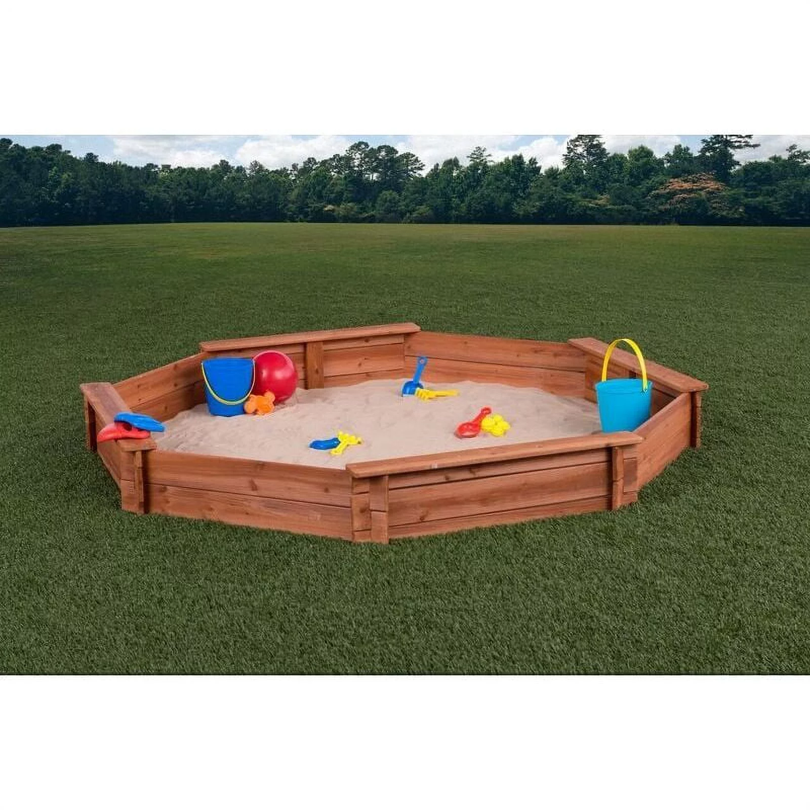 Octagon Wooden Cedar Sand Box W Seat Boards | Eco-Friendly Cover & Ground Liner | 84