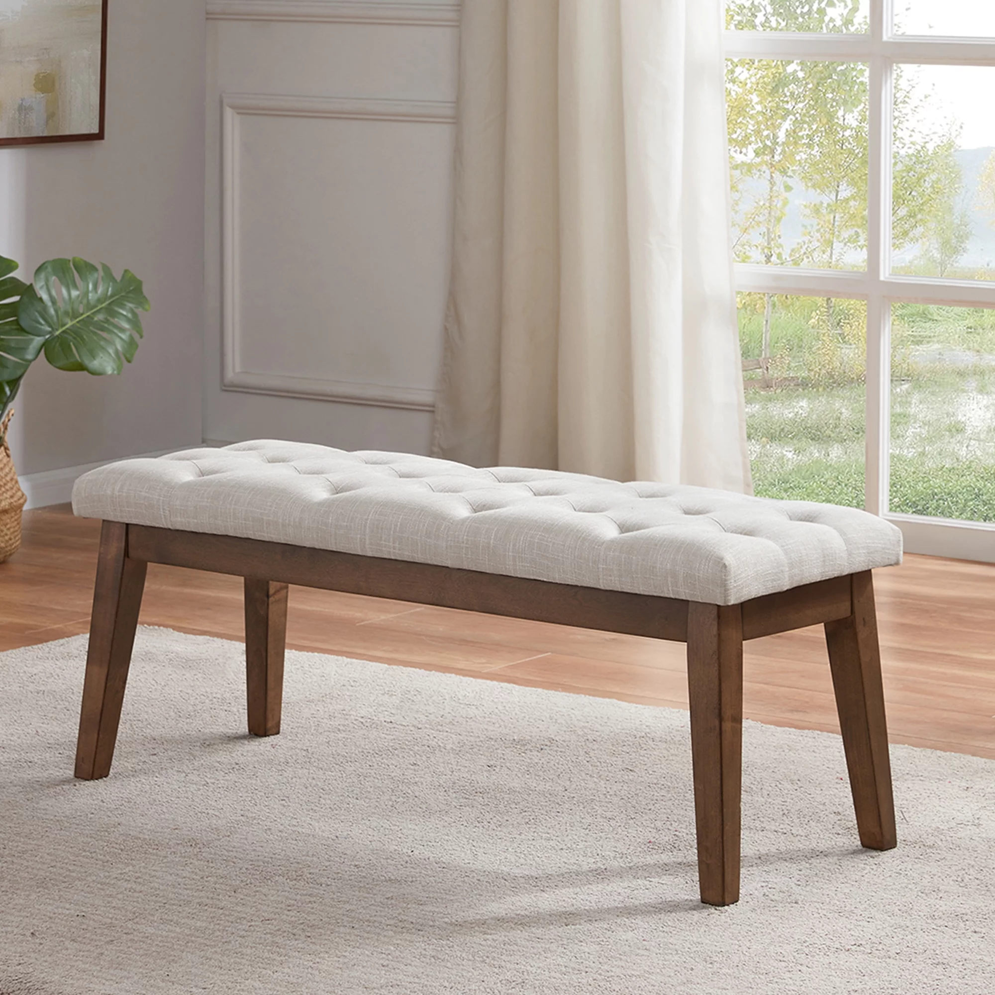 HUIMO Bedroom Bench End of Bed, Upholstered Dining Bench for Kitchen, Button-Tufted Entryway Bench, Fabric Ottoman Bench for Living Room, Beige