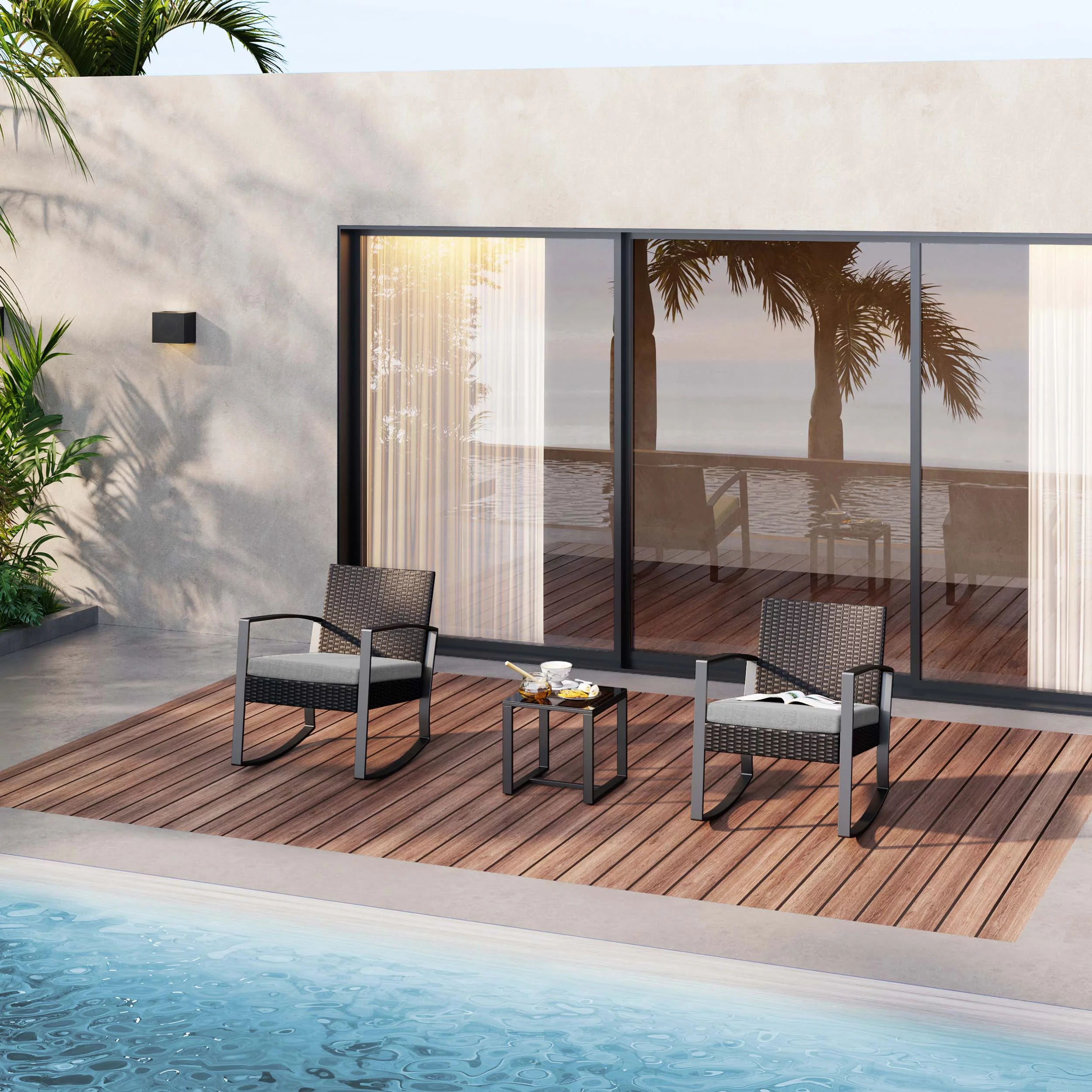 3 Pieces Wicker Patio Set Outdoor Chair Set with Glass Table Rattan Chair Modern Bistro Set for Porches and Patios, Grey Cushion