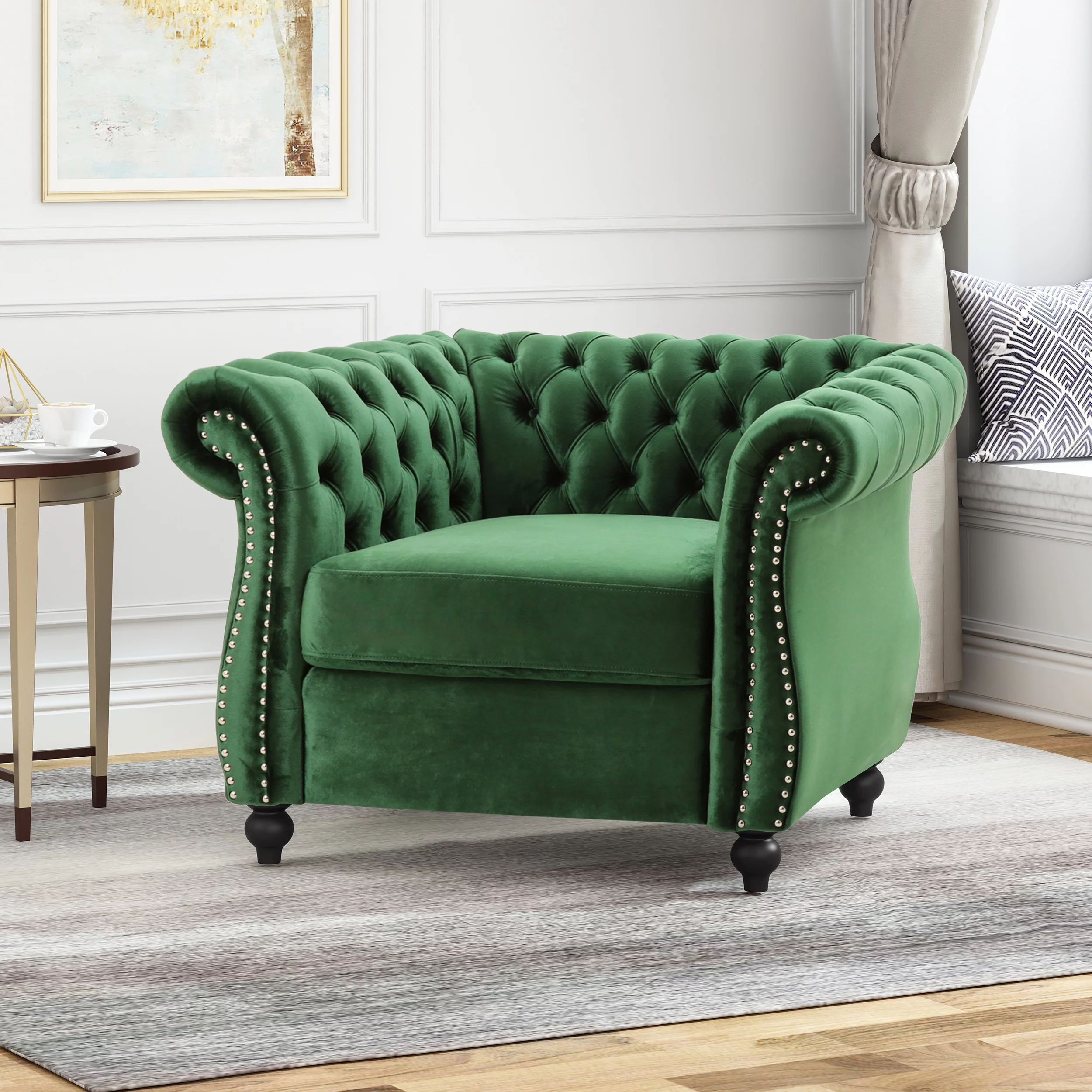 Noble House Millie Chesterfield Velvet Club Chair, Green