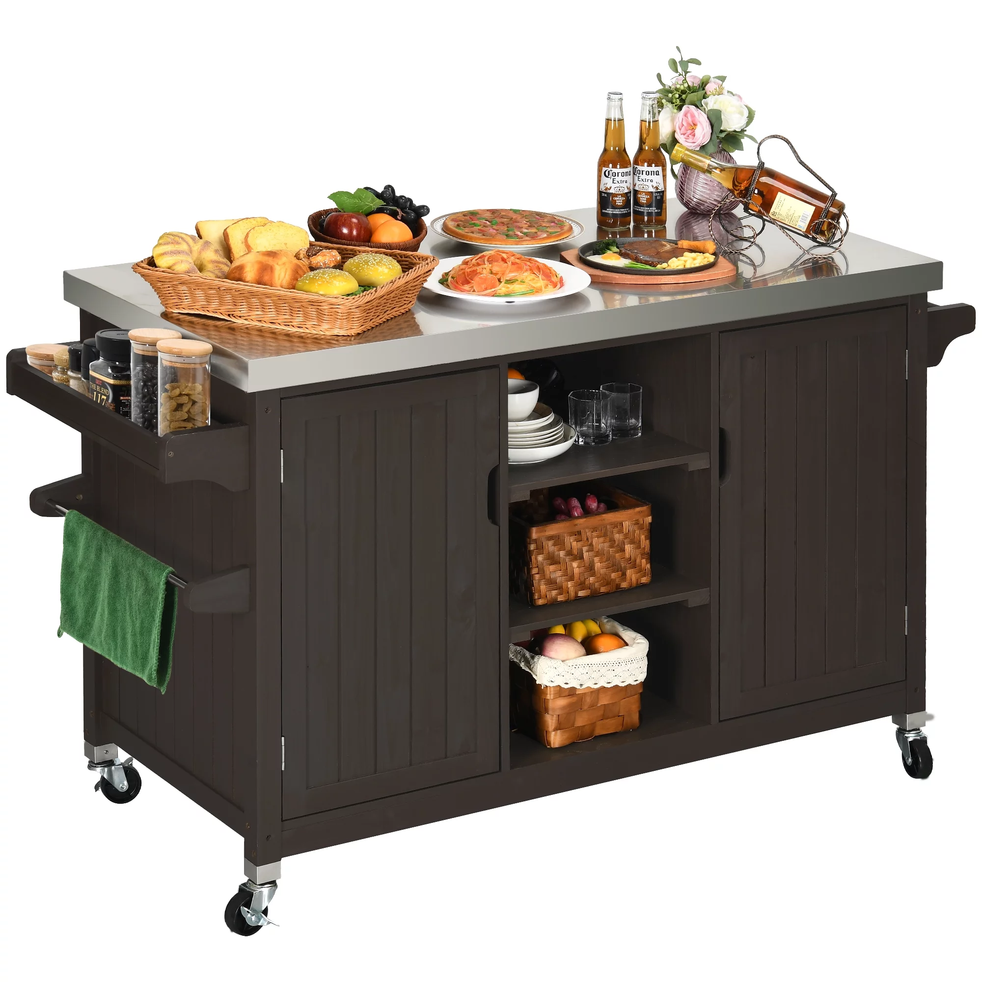 Dextrus XL Solid Wood Outdoor Storage Cabinet - Versatile Movable Outdoor Grill Cart with Stainless Steel Top, Spice Rack, and Side Handle, BBQ Patio Table, Outdoor Small Kitchen Table