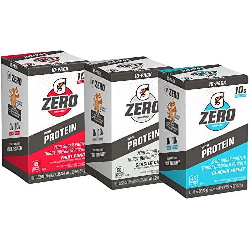 Gatorade Zero with Protein Powder Sticks, 10g Whey Protein Isolate, Zero Sugar, Electrolytes, 3 Flavor Variety Pack, 0.529oz, (30 Pack)