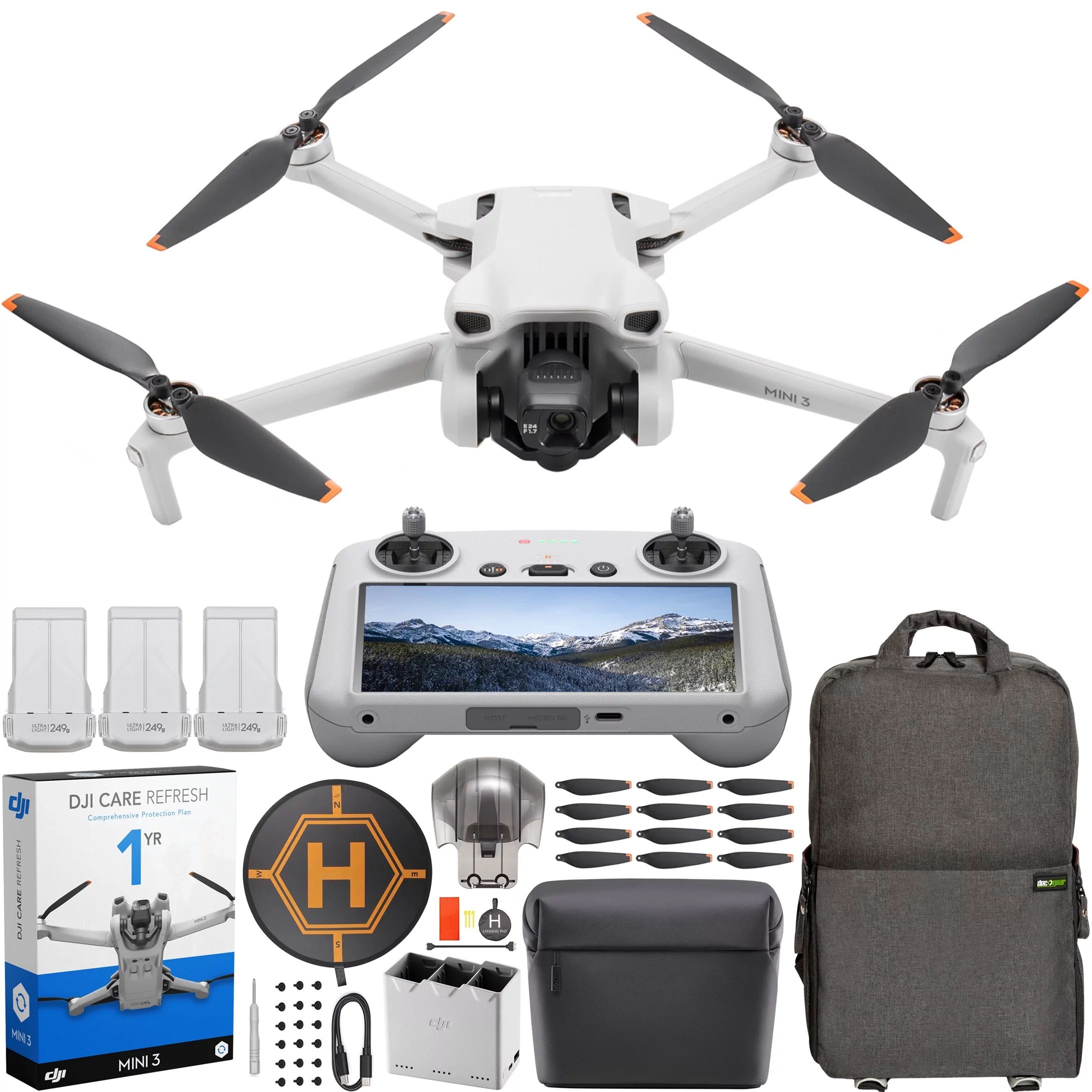 DJI Mini 3 Camera Drone Quadcopter with RC Smart Remote Controller + Fly More Kit CP.MA.00000613.01 with DJI Care Refresh 1YR Plan Bundle with Deco Gear Backpack + Foldable Landing Pad with Case