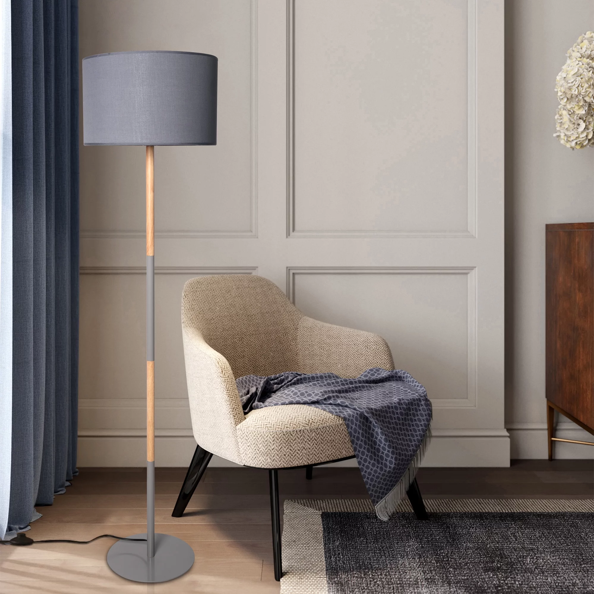 Floor Lamp - Modern Standing Floor Lamps with 8W LED Bulb, Foot Switch & Fabric Lamp Shade - Metal Tall Stand Up Lamp for Living Room, Bedroom & Office (Grey)