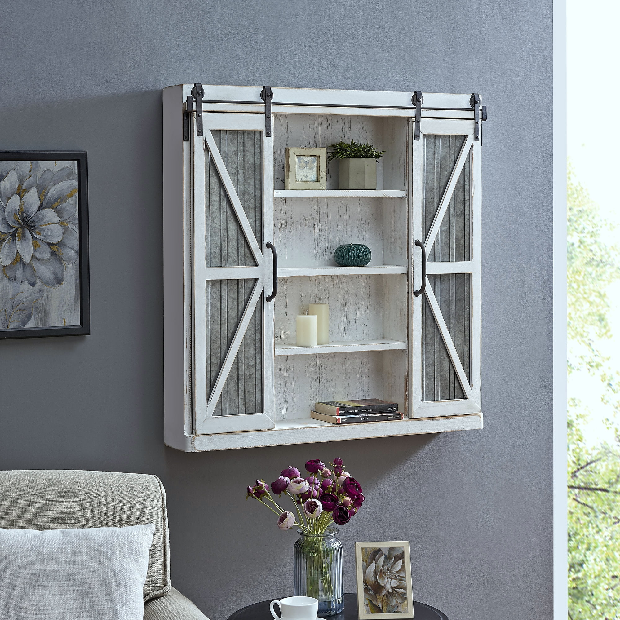 FirsTime & Co. White And Silver Wynne Barn Door Cabinet, Farmhouse, Aged, Square,Wood, 34 x 5.5 x 33 in