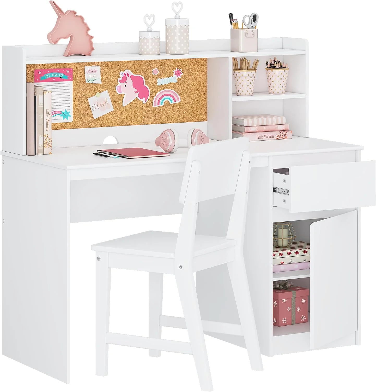 Spirich Kids Study Desk with Chair, Kids Desk and Chair Sets with Hutch and Storage Cabinet, Wooden Children Study Table, Student Writing Desk Computer Workstation for 5-12 Years Old