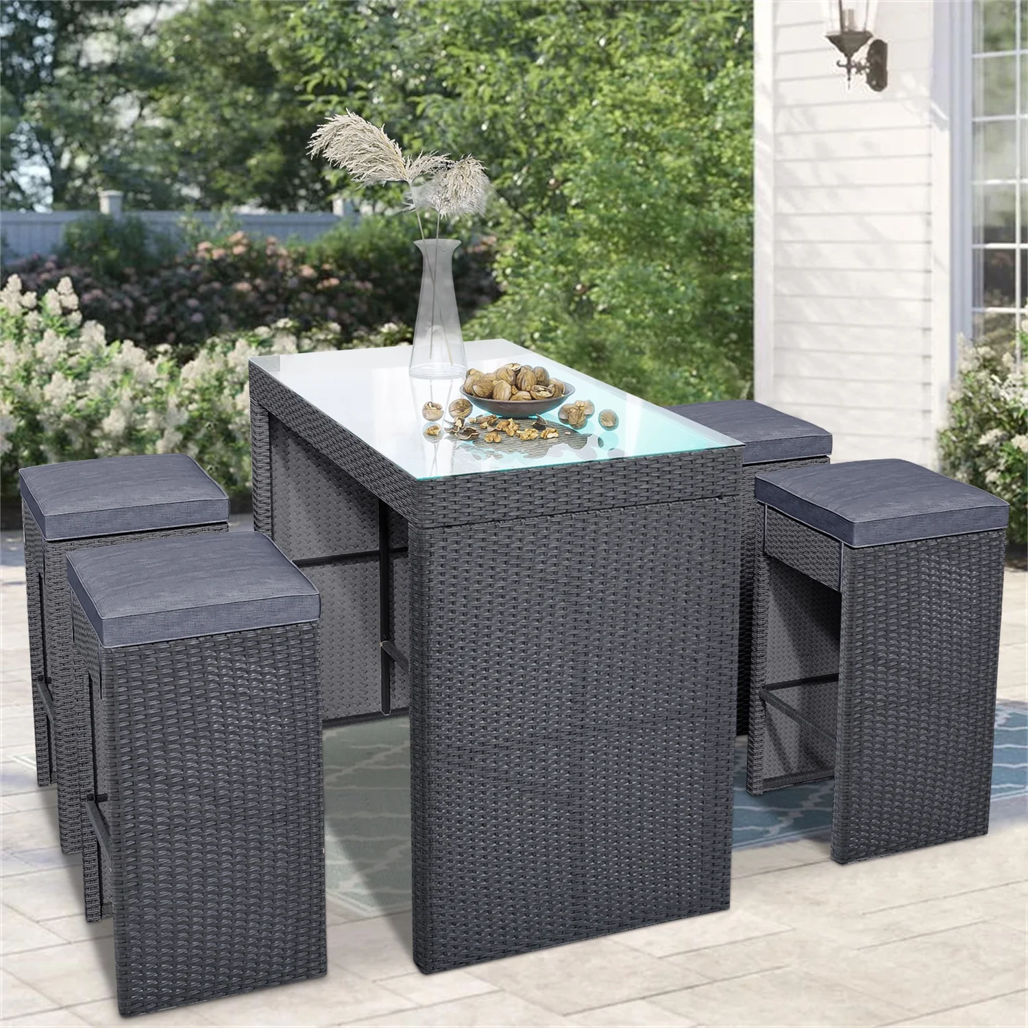 SYNGAR 5 Pieces Outdoor Patio Dining Table Set, All-Weather Wicker Dining Set Furniture, Sectional Conversation Rattan Dining Set for Patio, Backyard, Balcony, Garden, Black