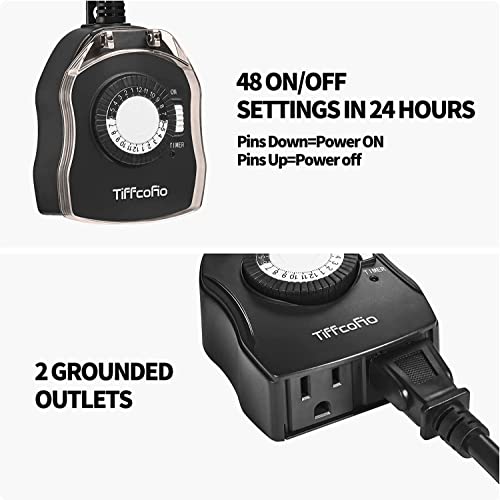 Outdoor Timer Outlet, 24 Hour Mechanical Outdoor Timer for Pool Pump, Outdoor Light Timer Waterproof, 2 Grounded Outlets for Home and Garden, 15A 1/2HP, Heavy Duty, CSA Listed (1 Pack)