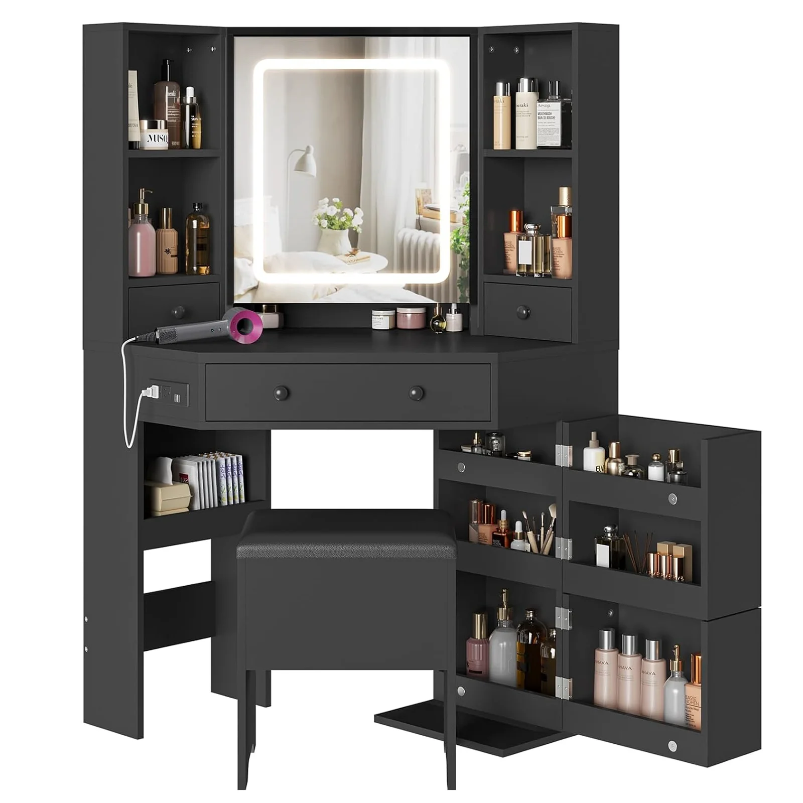 Makeup Desk with Lighted Mirror and Charging Station, Corner Vanity Set with Storage Stool and Rotating Shelves, Black