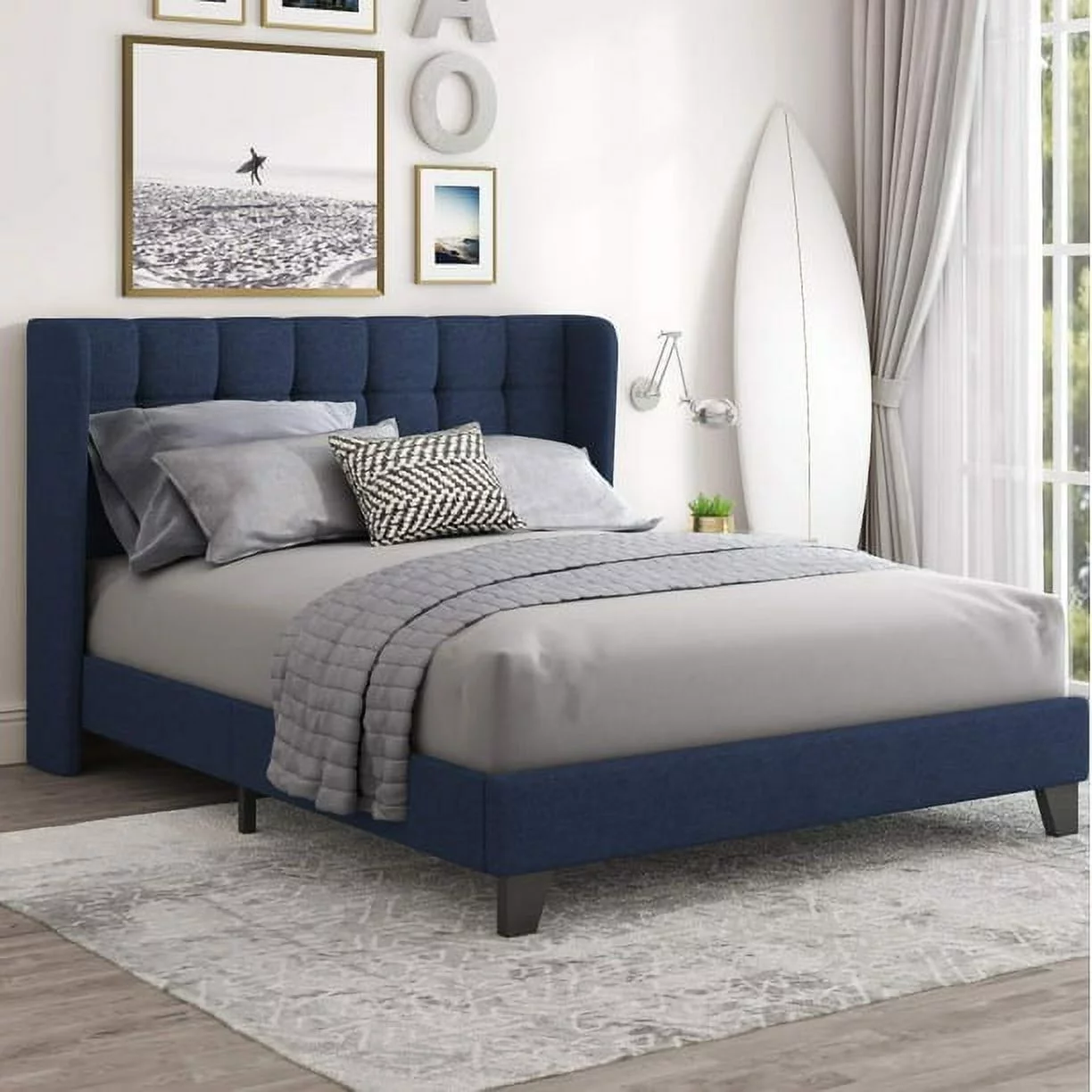 Einfach Queen Platform Bed Frame with Upholstered Wingback Linen Fabric Square Stitched Headboard, Dark Blue